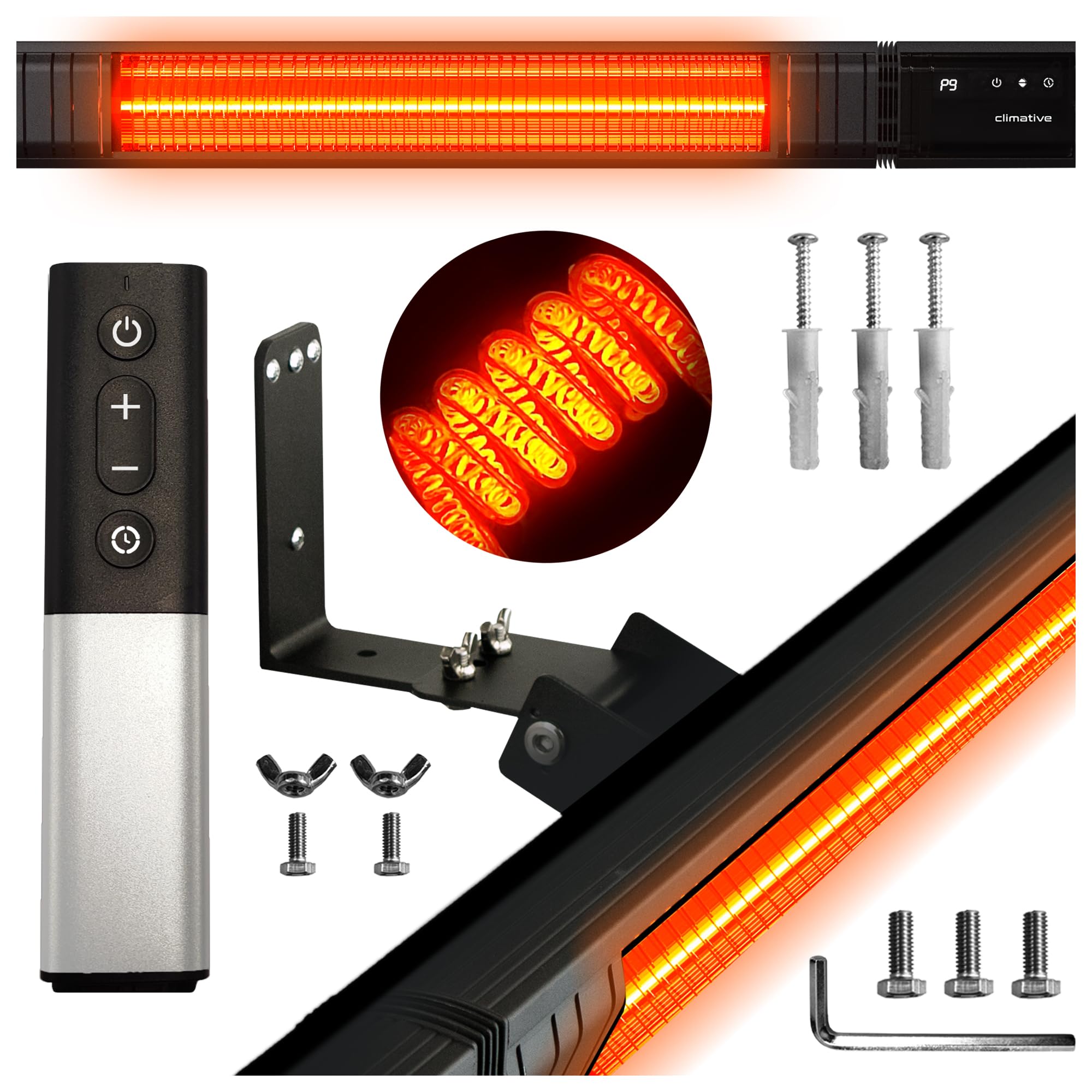 Infrarot Heizstrahler 2500W, 9 Stufen, IP65, Montageketten, Fernbedienung, Timer, Elektroheizung RAY, Terrassenheizer Outdoor, Wandheizung, Infrarotheizung, Heizstrahler Terrasse & Innenraum