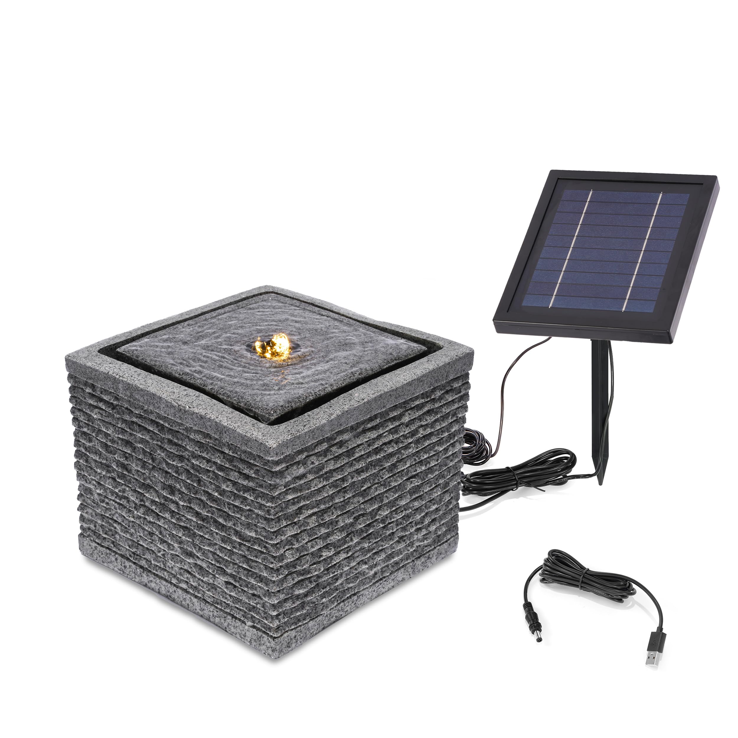 esotec Springbrunnen Designbrunnen Silent mit LED Beleuchtung, USB-Ladung, Timer, Solarmodul, Akku, LED-Licht warmweiß, 5m Kabel, Erdspieß und Wandhalterung 101372