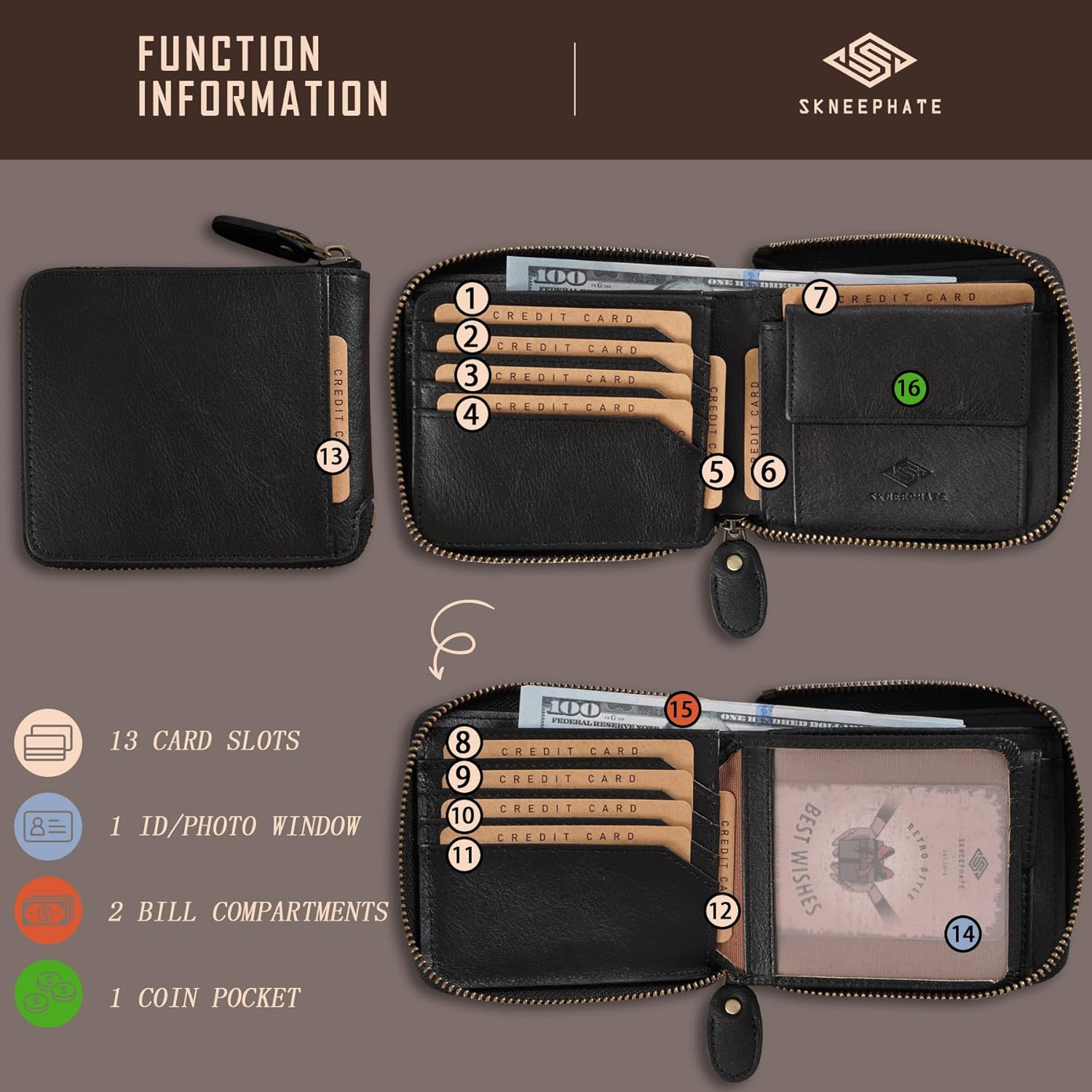 Zipper Wallet For Men,Men's Leather Wallets With Coin Pocket,Extra Capacity,RFID Blocking,Gifts for Him Husband (black) - Image 3