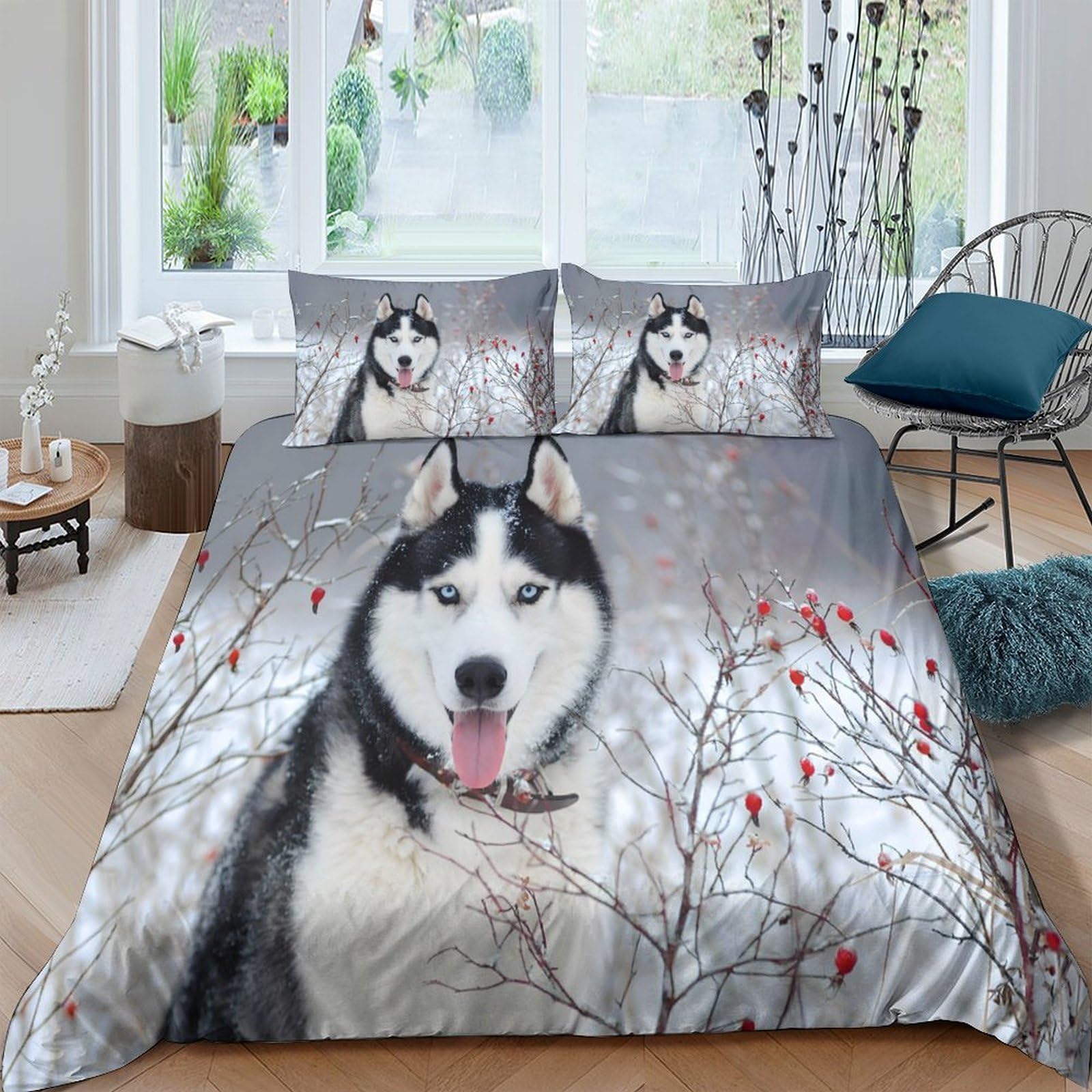 Ctjqhvkz Style-5 3D Printed Husky Dog Winter Forest Fitted Sheet Microfiber Soft Anti-Slip Bed Cover For Bedroom Guest Room Decor Single（135X200cm）