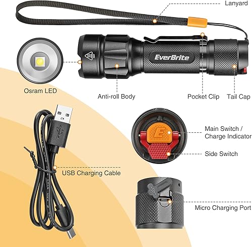 Miniatura 3 de EverBrite Linterna táctica LED, linterna recargable de 750 lúmenes con cordón y clip, 6 modos (alto/medio/bajo/estroboscópico/SOS/Turbo), para