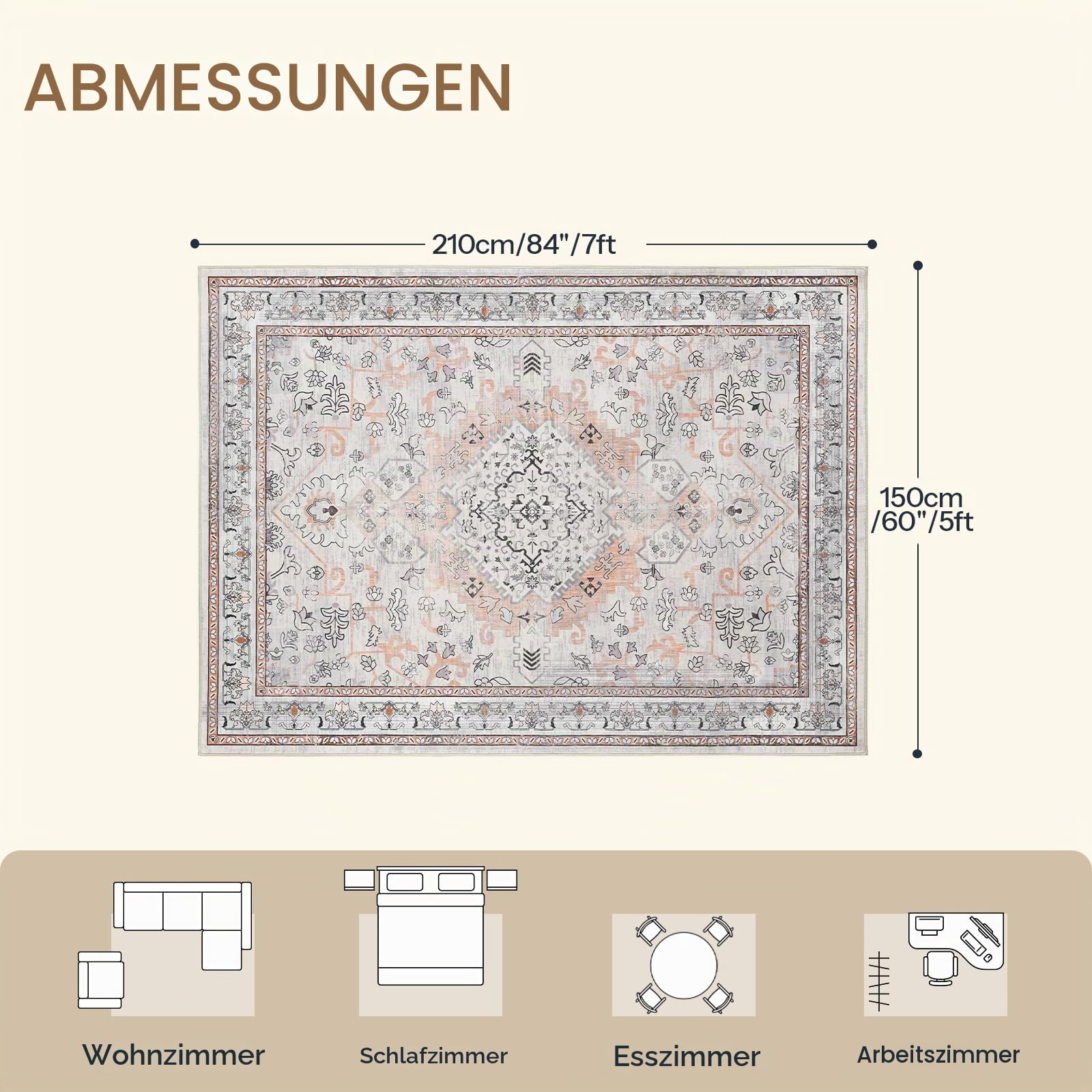 HOOBRO Teppich, waschbarer Rutschfester Läufer,150 x 210 cm, Boho-Teppich mit Kurzflor und Retro-Muster, leicht zu reinigen, Bettvorleger für Wohnzimmer, Flur, Arbeitszimmer, Beige-Vintage EEF03AR01