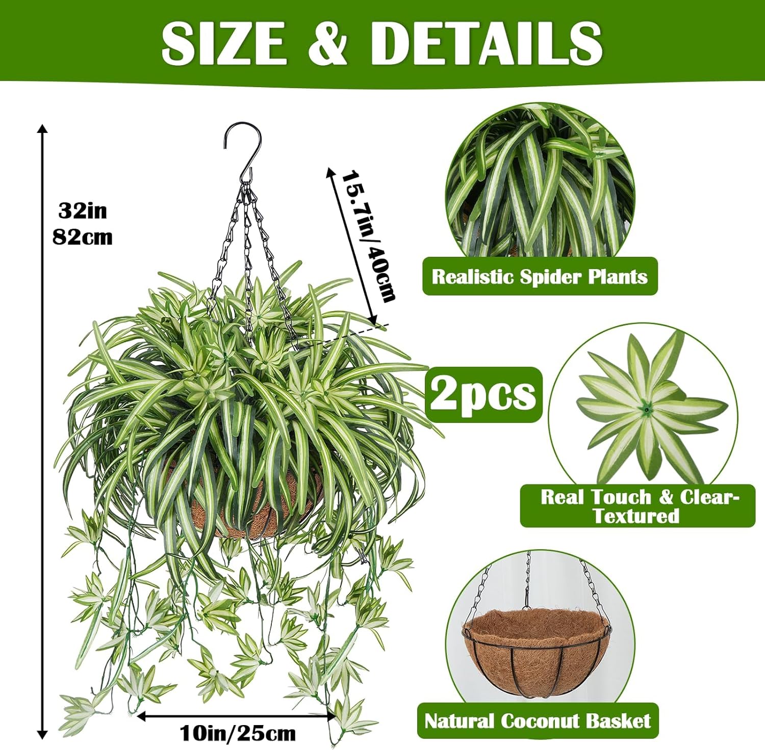 2 Set Artificial Spider Plants Fake Hanging Baskets Outdoor UV Resistant Faux Silk Plants Realistic for Spring Outside Porch Patio Garden Balcony Ceiling Hanging Decor