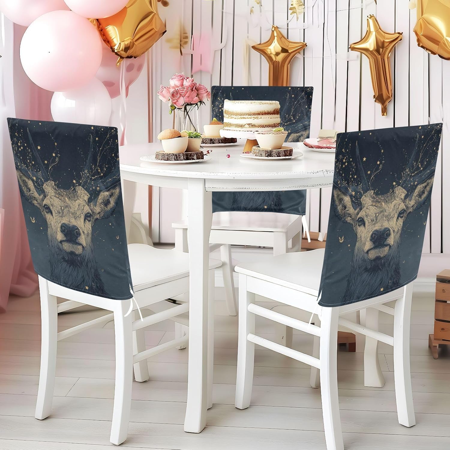 ALAZA Deer Butterfly Stars Chair Back Cover Set of 6, Washable Reusable Removable Chair Slipcovers Decorative Chair Cover for Home Kitchen Wedding Party