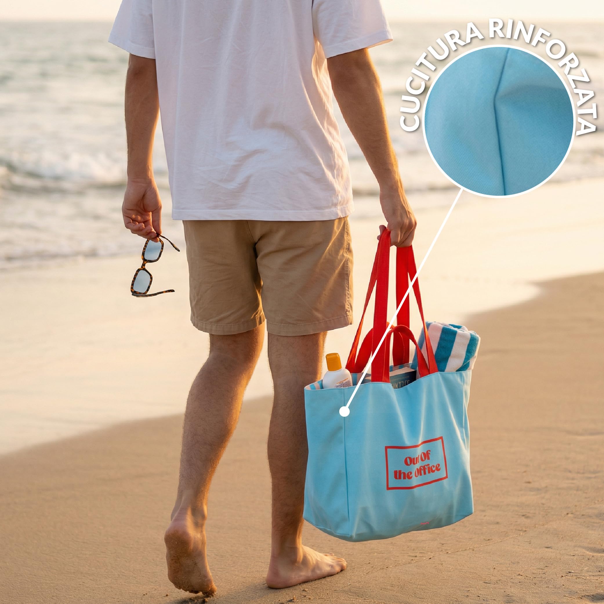 Fisura – Borsa mare “Out of the office”, tote bag donna XXL in cotone reversibile a righe blu, shopper grande per spiaggia, viaggio o spesa, 36 x 31,5 cm