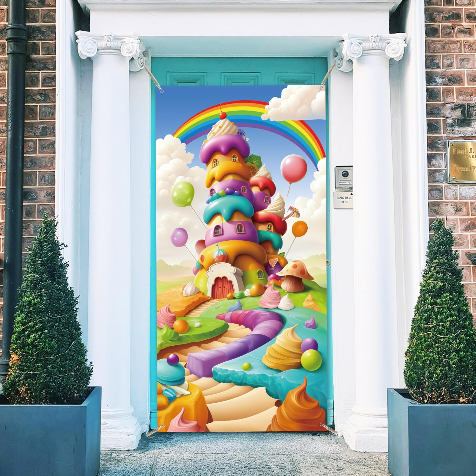 arricraft 1 Pc Colorful Candyland Polyester Door Cover, Ice Cream Biscuit House Backdrop Banner Door Porch Sign Photography Background for Indoor Outdoor Porch Home Decor Accessories