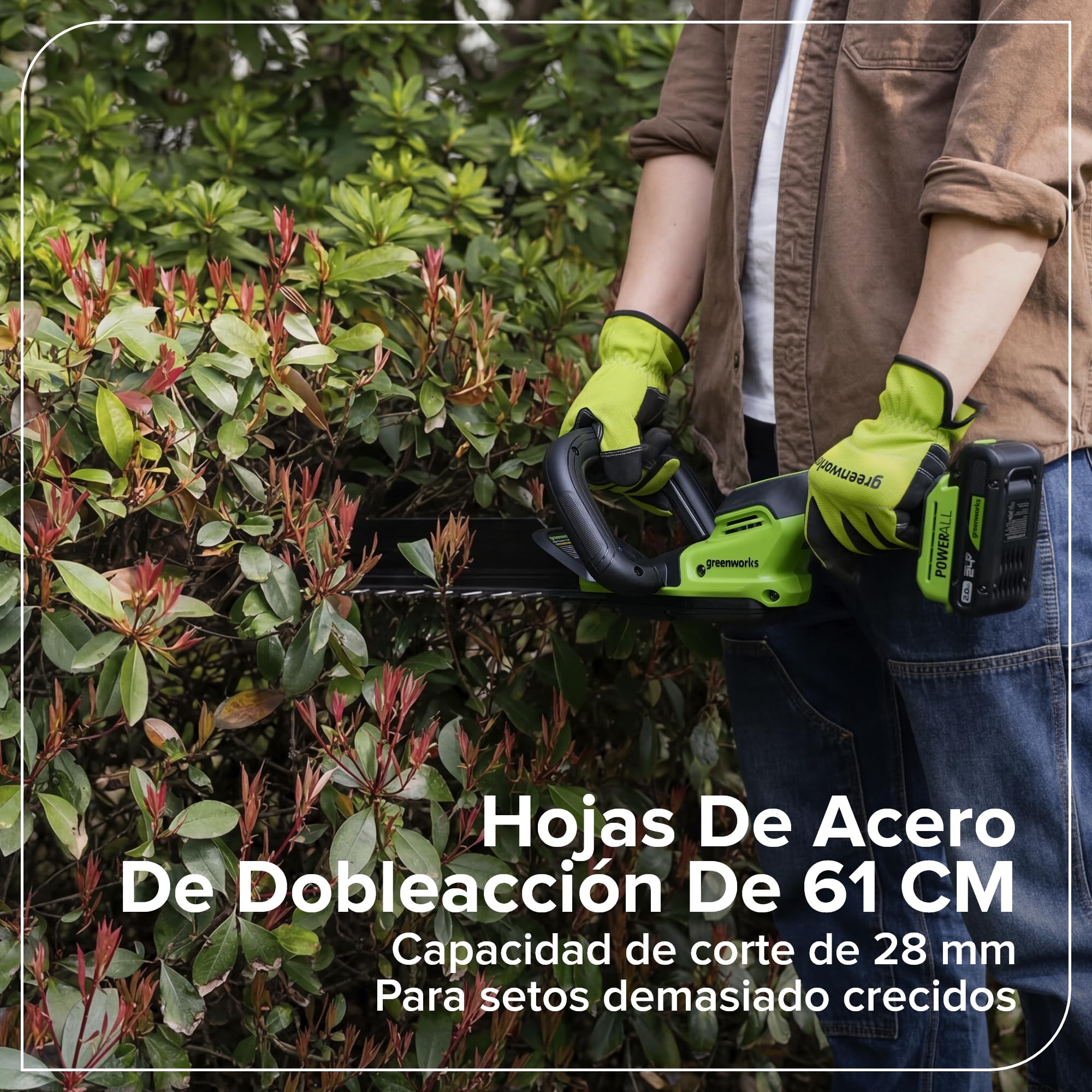 Greenworks Cortasetos a batería 24V 61 cm con batería incluida, Motor brushless, Cuchilla Doble acción 28 mm, Hedge Sweeper, Cargador HT6102A2