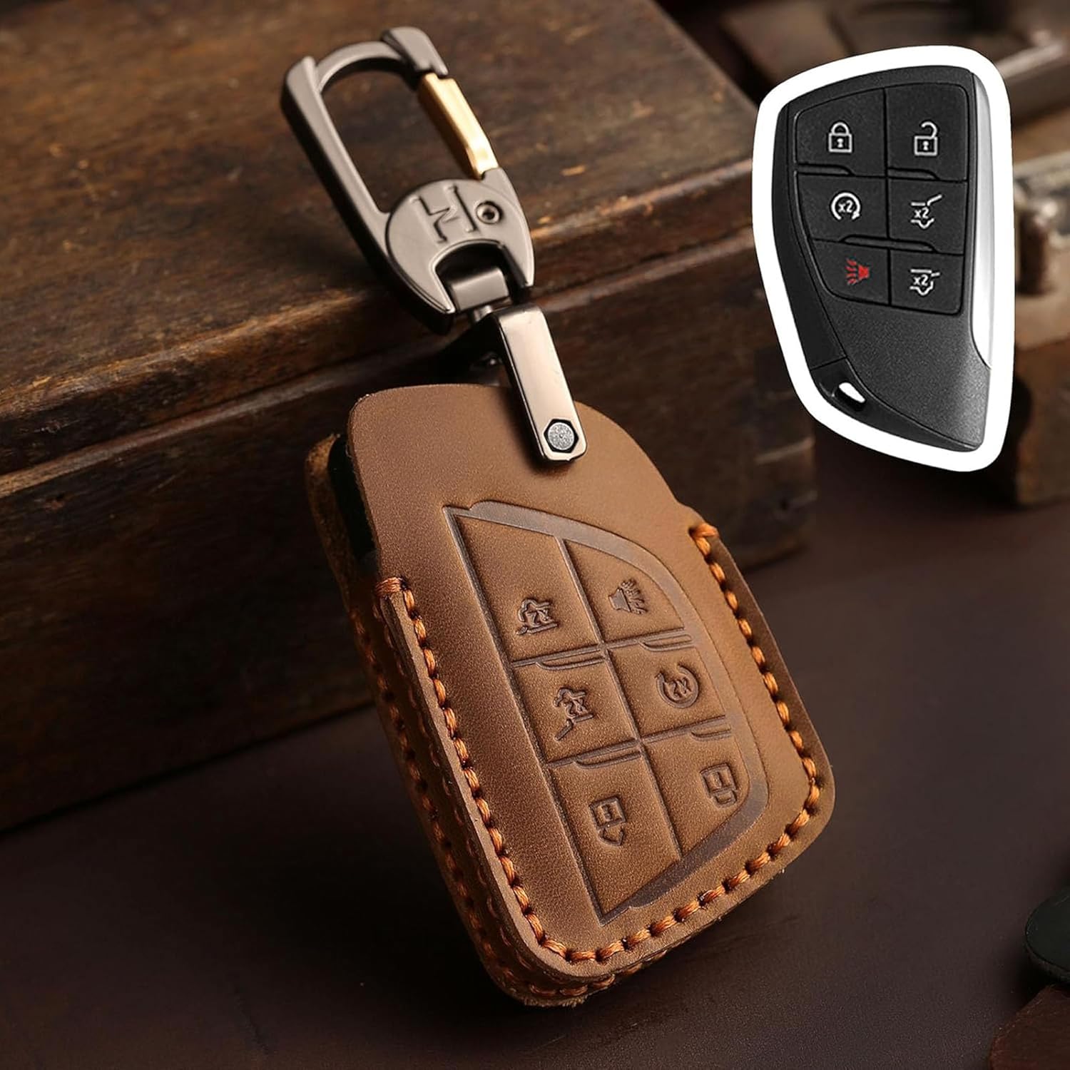 Leather 6-Button Key Fob Cover for GMC Yukon Sierra 1500, Key Case Compatible with Chevy Colorado Suburban Silverdado, Key Holder Compatible with Buick Envision 2021 2022 2023 2025 (Brown)