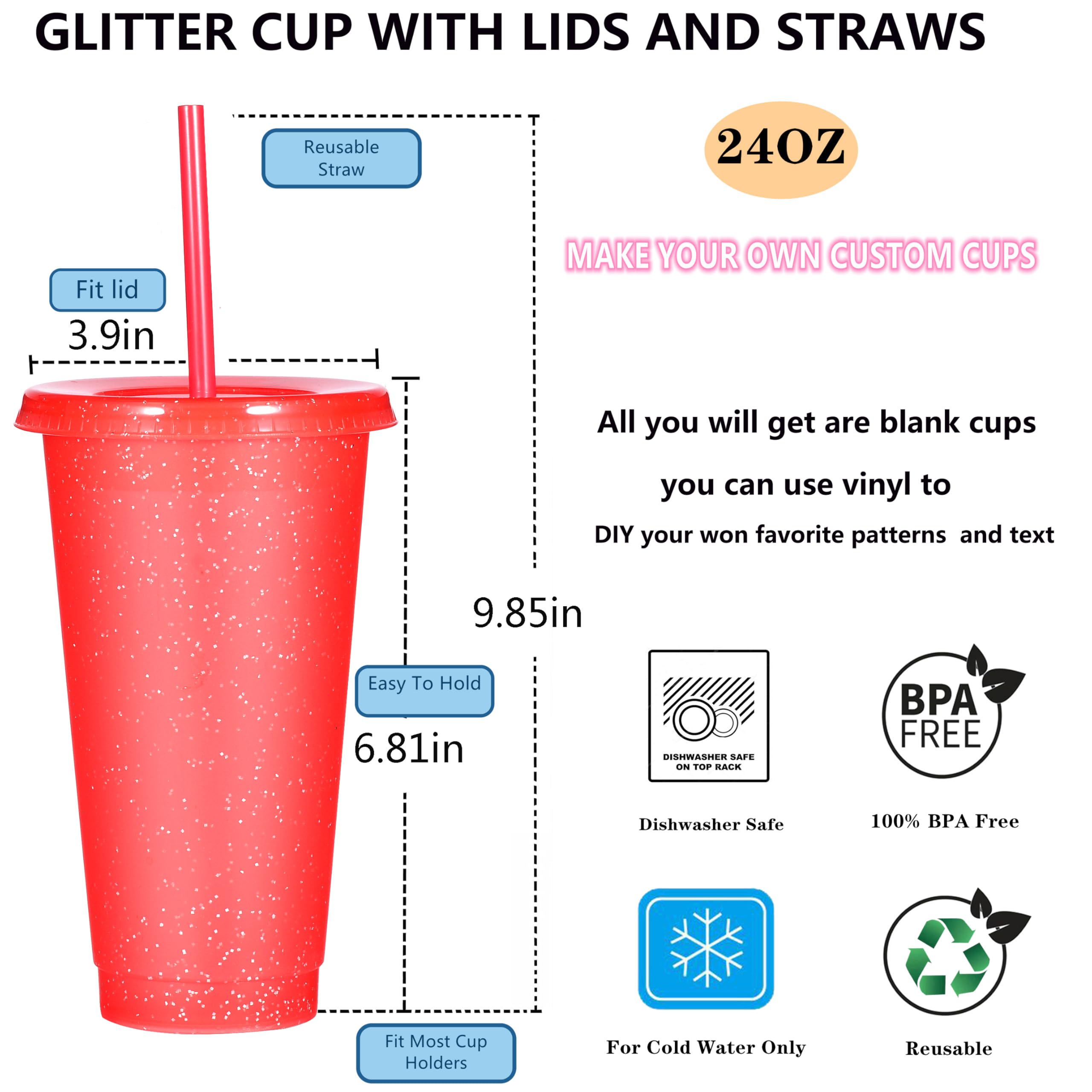 Suertestarry Paquete de 10 vasos de plástico con tapas y popotes, botella de agua, taza de café helado, taza de viaje de 24 onzas, tazas reutilizables perfectas para fiestas de adultos y niños