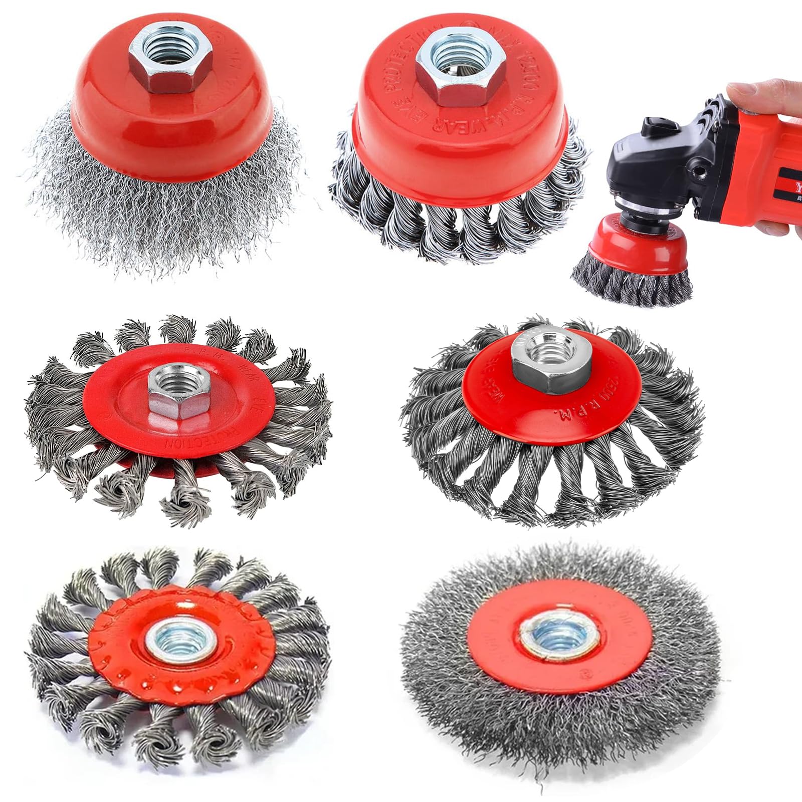 PORFOYO Szczotka druciana Flex Zestaw: 6 szczotek drucianych do szlifierek kątowych, M14, 75 mm i 100 mm, stal nierdzewna, elastyczna, do garnków, metalu, drewna i kamienia
