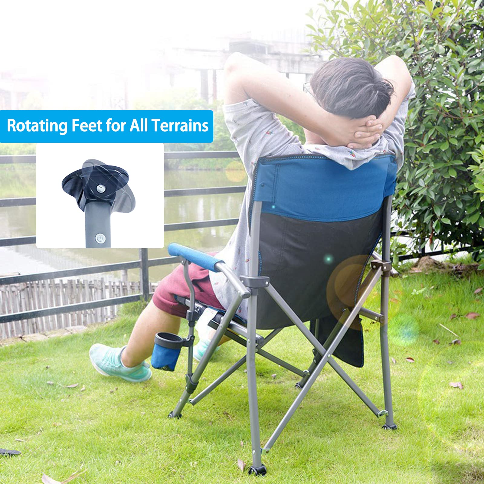 Outdoor Camping Chair, Folding Camping Chair, Heavy Duty Steel Frame, Padded Lawn Chair with Arm Rest Cup Holder and Portable Carrying Bag Navy Blue