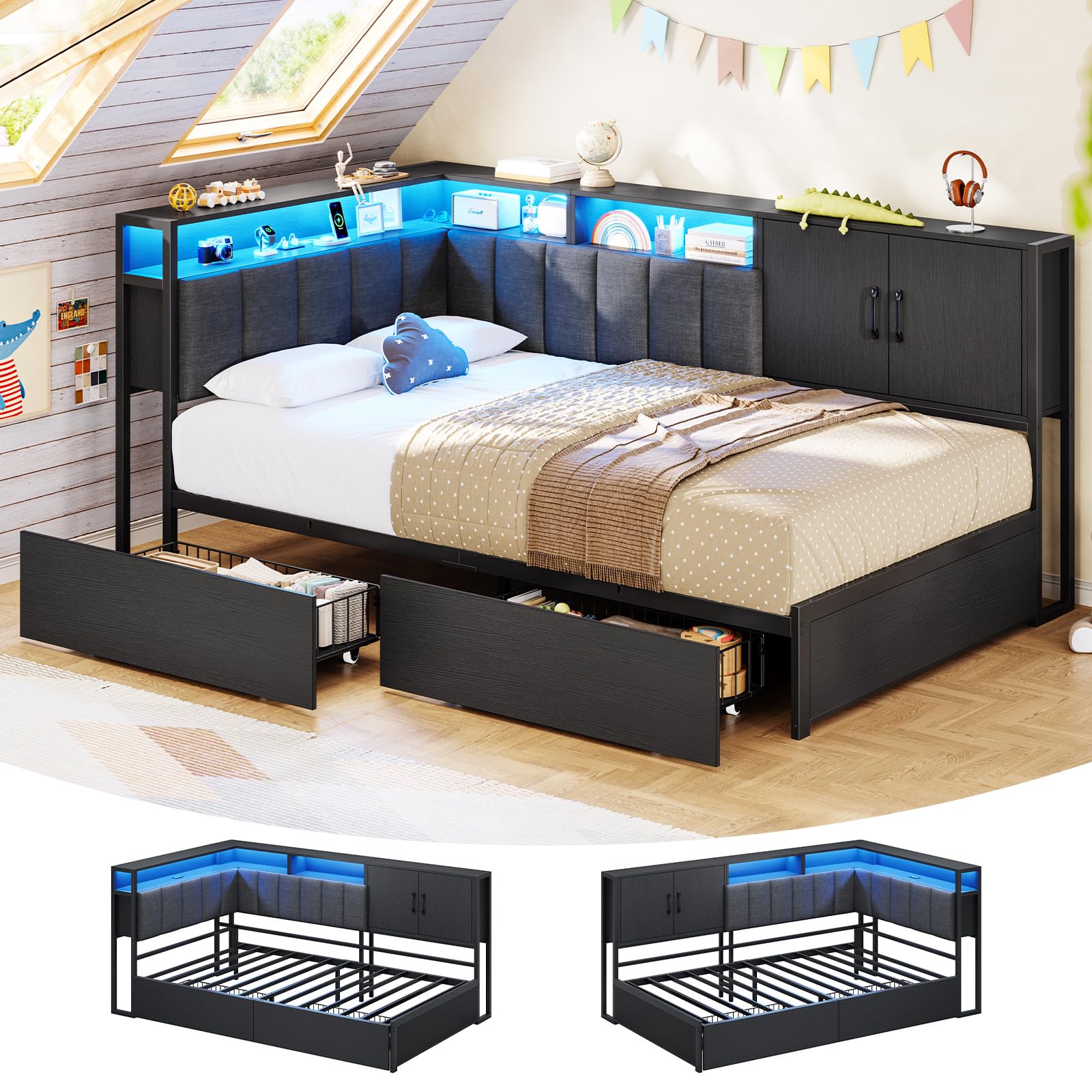 KIMENICH Polsterbett Schlafsofa 90x200 mit LED-Beleuchtung, Ladestation, Tagesbett, Jugendbett mit 2 Schubladen und Lattenrost aus Metall, Kopfteil mit Offenem Regal, Schrank, Schwarz