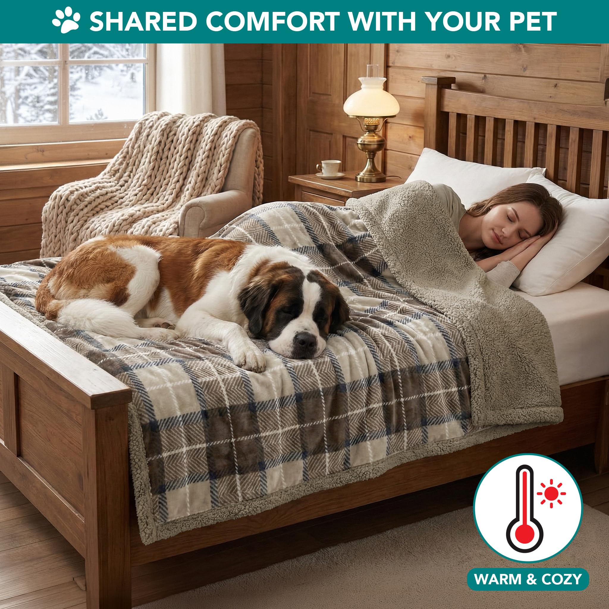 Manta de Perro PetAmi para Cama sofá: Manta para Mascotas de Sherpa Suave y acogedora, Forro Polar de Microfibra, Reversible, para Cachorros y Perros Grandes
