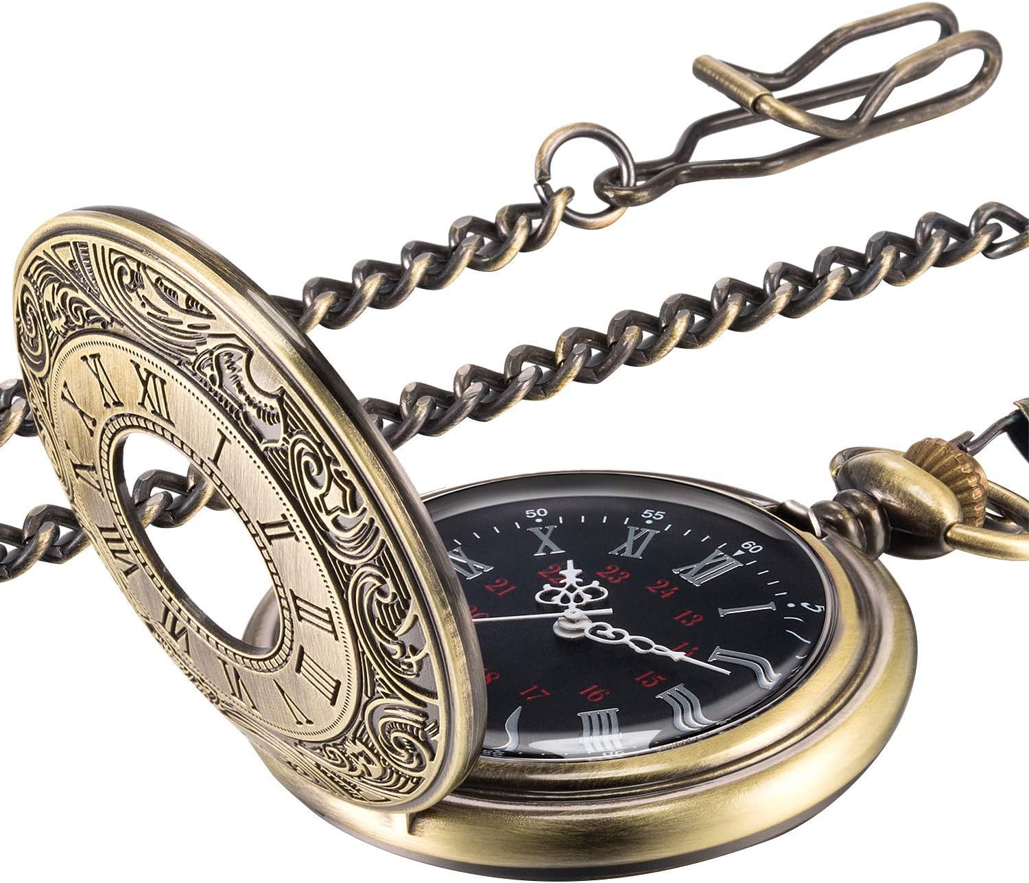 Hicarer Vintage Pocket Watch Steel Men Watch with Chain (Bronze)