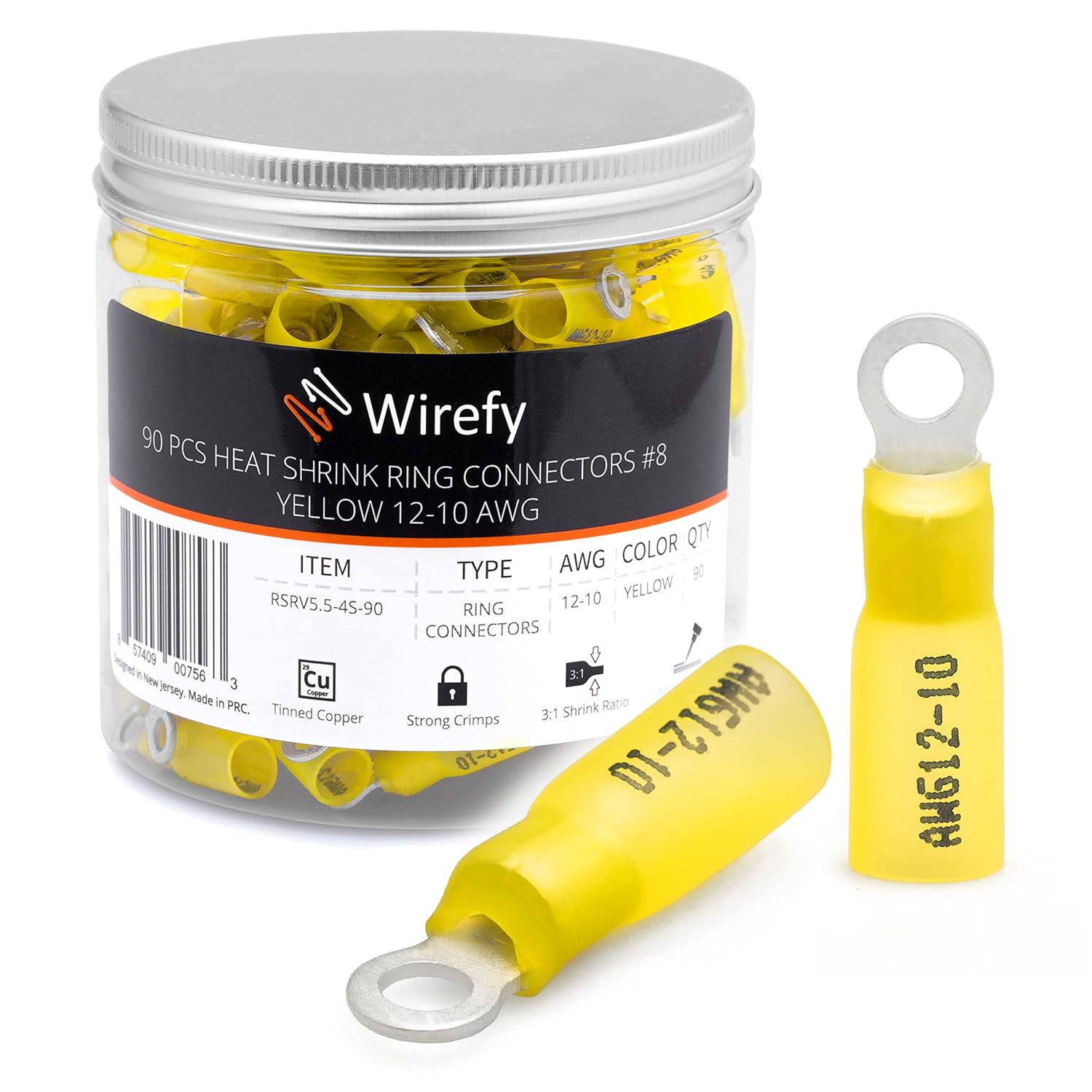 Wirefy Heat Shrink Ring Terminals #8 - Marine Grade Terminal Connectors - Waterproof Eyelet Wire Connectors - Red 10-12 AWG - 90 PCS