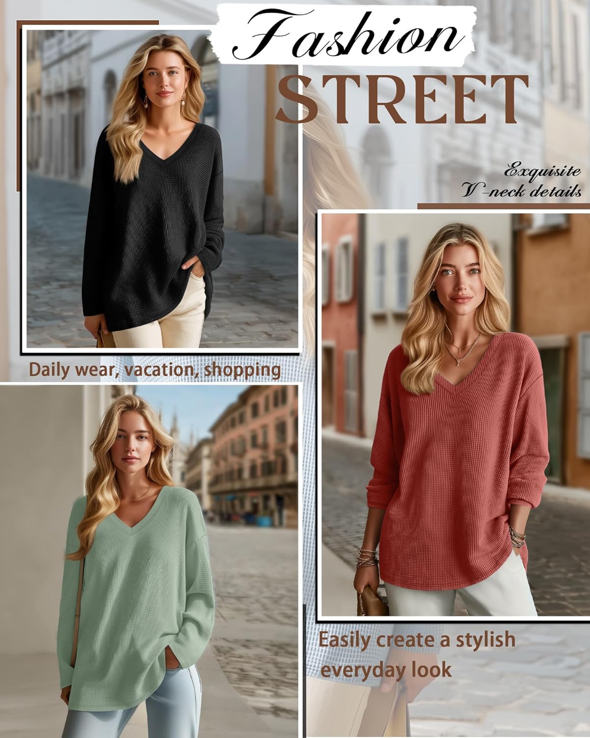 3 Pack Women's Oversized Waffle Knit Shirts, V Neck Long Sleeve Top Fall Casual Sweatshirt for Women(Black,Watermelon Red,Gray Green,X-Large) - Image 5