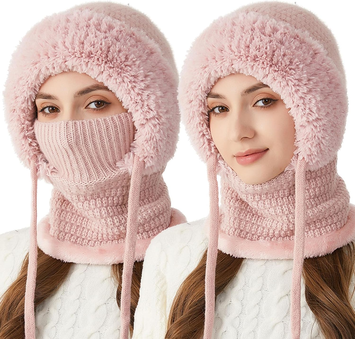 3 in 1 Balaclava Hat with Scarf and Mask Women Winter 3-in-1 Set Premium Knitted Warm Plush-Lined Adjustable Hood One Size Pink - Image 1 of 7
