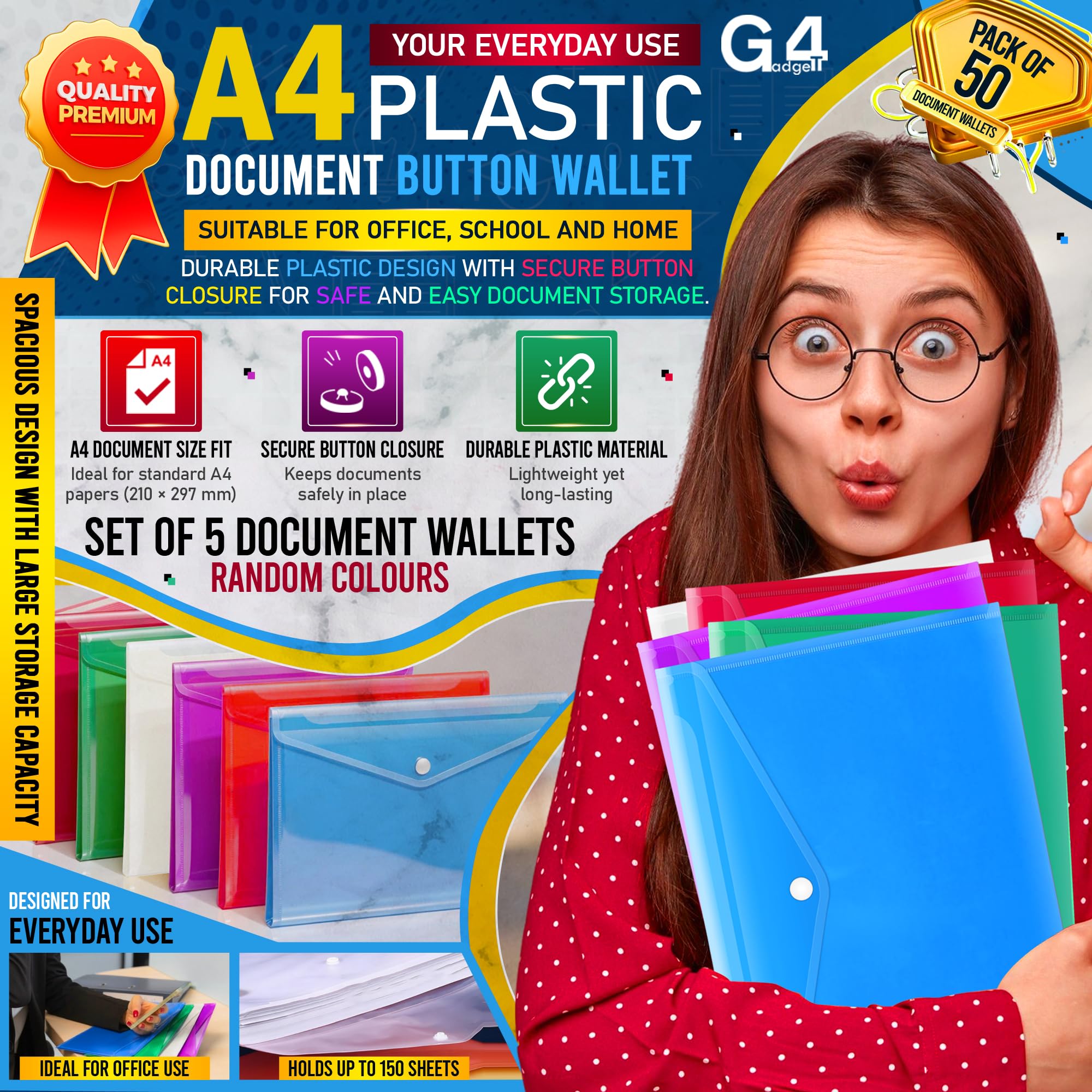 50 Dokumententaschen aus Kunststoff, A4/Foolscap-Format, transparent, mit Druckknopf, verschiedene Farben
