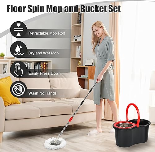 Miniatura 4 de Sistema de trapeador giratorio y cubo, cabezal giratorio de 360, mango ajustable, cubo de 20 cuartos con limpieza automática, 3 cabezales de