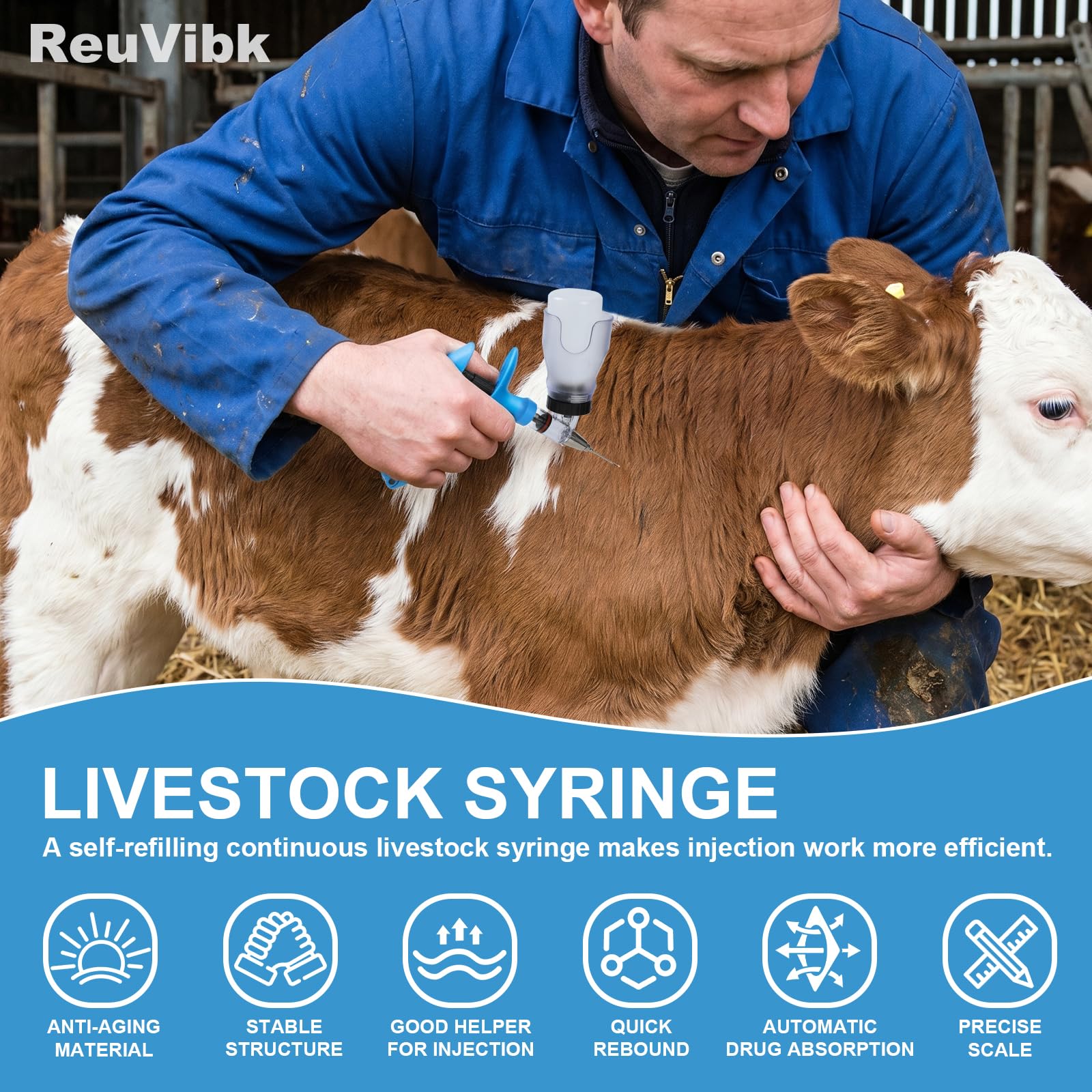 Eikioly 2 Ml Einstellbare Viehspritze, Automatischer Tierinjektor Für Rinder, Ziegen, Schweine & Geflügel