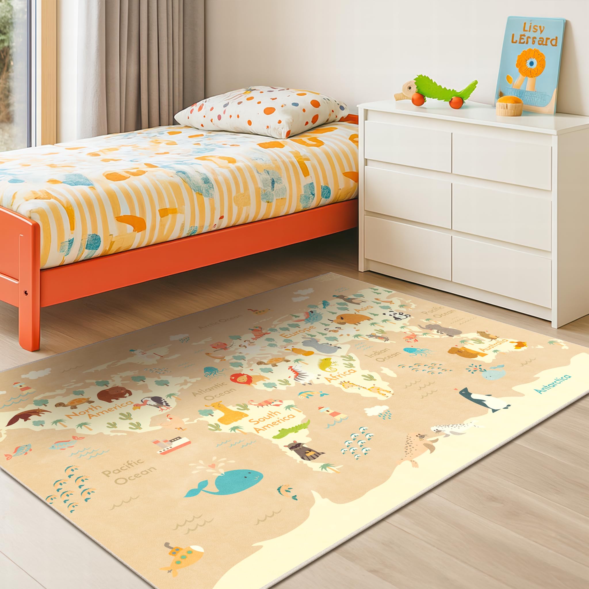 Kids Bedroom Rug with World Map &amp; Animals – 4x6 Educational Washable Area Rug for Playroom, Cute Global Animal, Featuring Continents &amp; Native Wildlife Carpet for Dorm or Classroom - Soft Beige