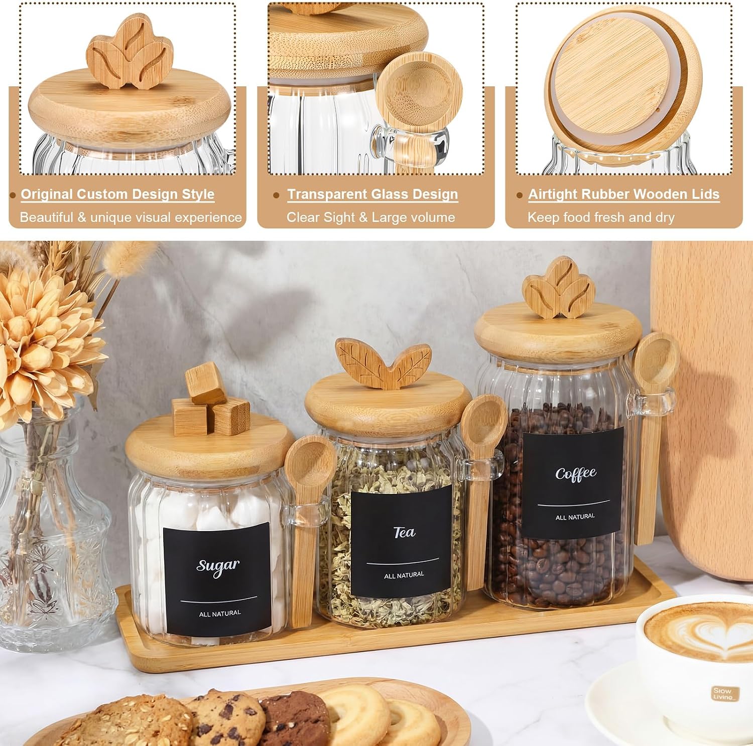 Suclain 3 Pcs Glass Coffee Container with Bamboo Color Lid & Spoon, 25, 20.3, 15 oz Airtight Glass Jar with Wooden Shelf, Food Storage Containers Coffee Jar Tea Container(Bamboo Color)