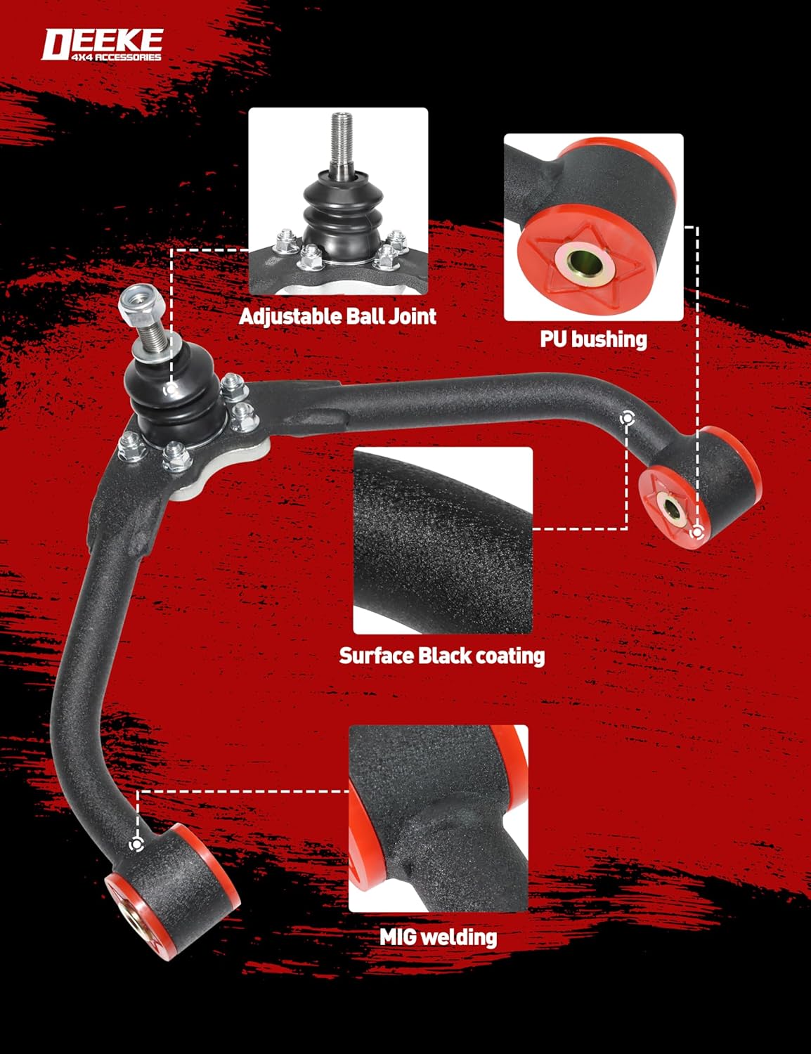 Front Upper Control Arms for 2002–2007 Jeep Liberty KJ, 1–4" Lift, Heavy Duty Suspension Arms with Pre-Installed PU Bushings & Ball Joints, Wrinkle Black (2PCS)