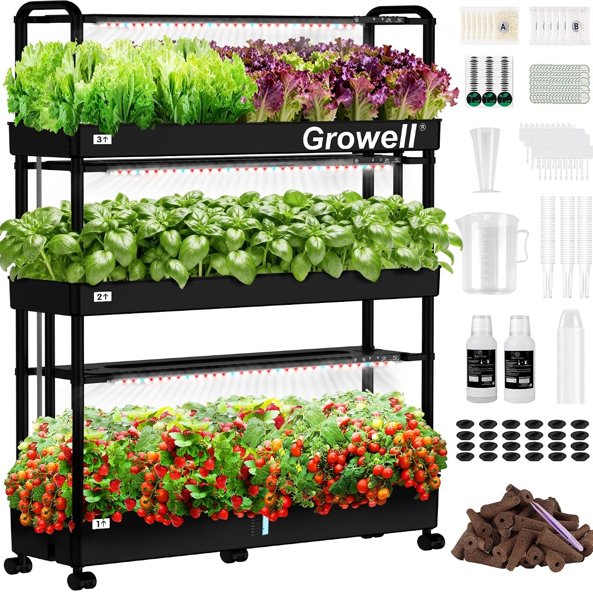 Growell Kit de sistema de cultivo hidropónico grande de 90 cápsulas, jardín de hierbas para interiores | Jardín hidráulico vertical con 2 modos de luz y 2 temporizadores, circulación de agua inteligente, tanque de agua de 40 litros, móvil con 4 ruedas giratorias