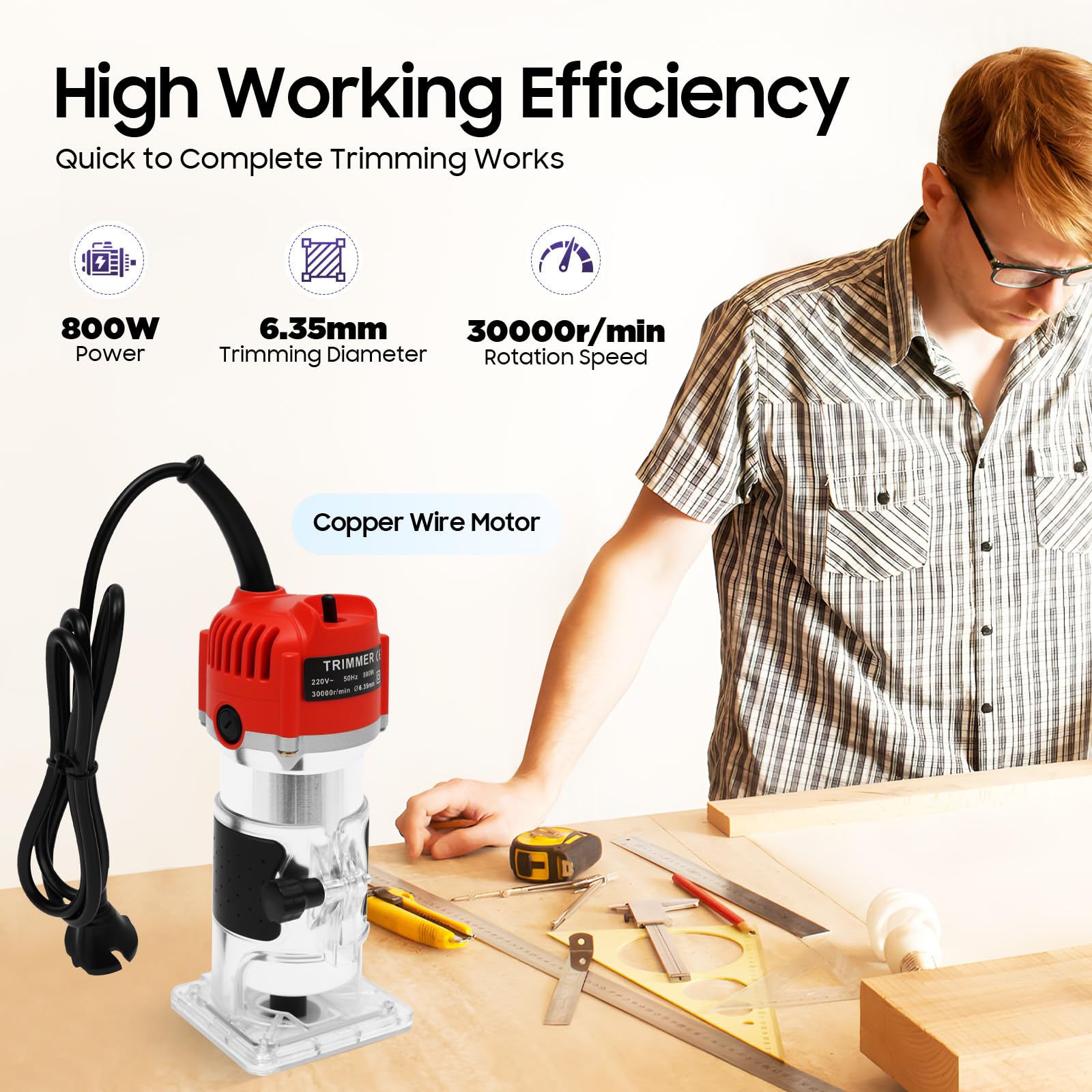 Fresatrice a mano per legno, fresatrice elettrica e fresatrice per bordi 30.000 giri/min, con base di precisione, fresatrice per legno versatile per lavori di costruzione di mobili e progetti fai da