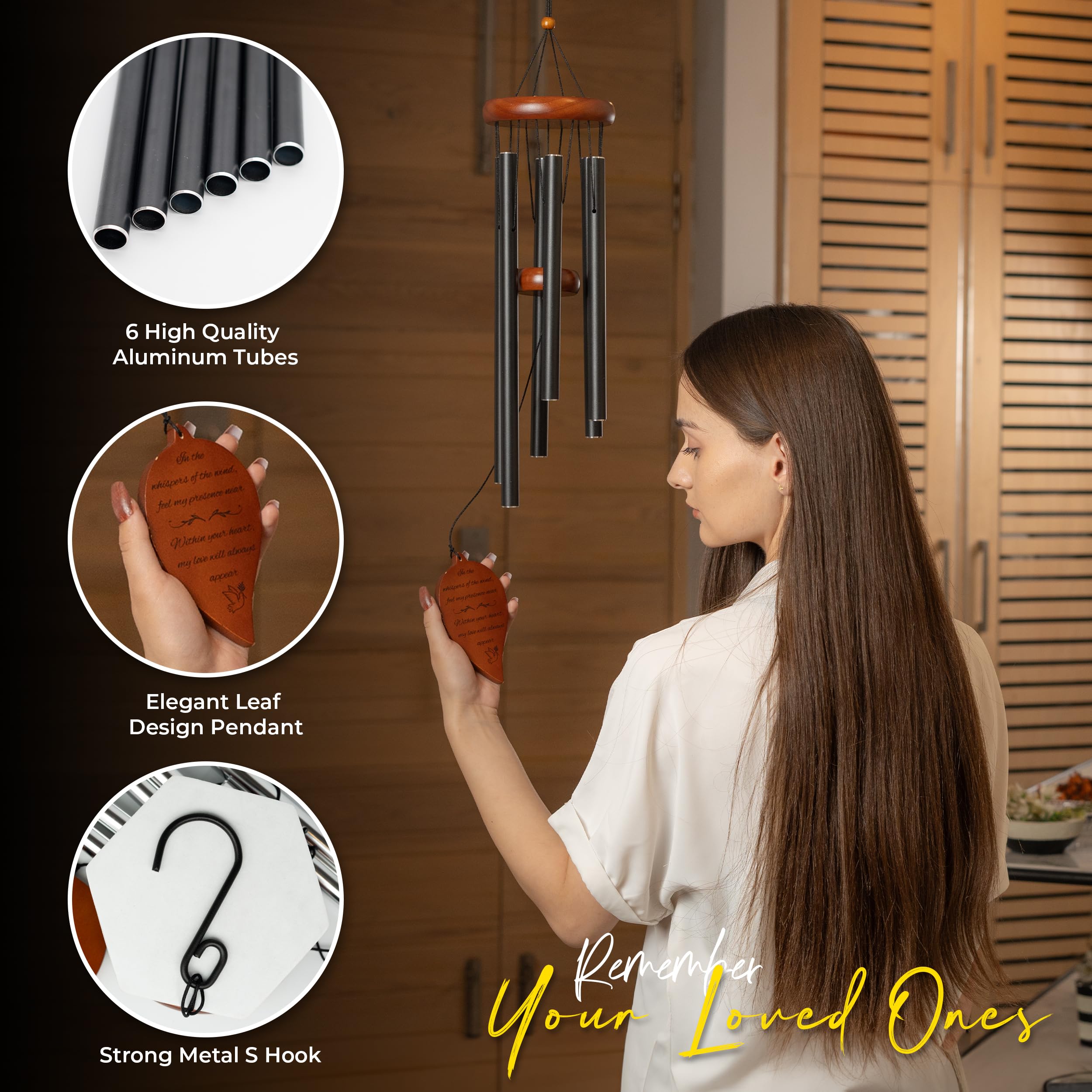 Gedenk-Windspiel – 82,5 cm Trauer-Windspiel für den Verlust eines geliebten Menschen – personalisiertes Windspiel für Mutter, Vater, Ehemann, Kind, Schwester, Tochter und Sohn (schwarz)