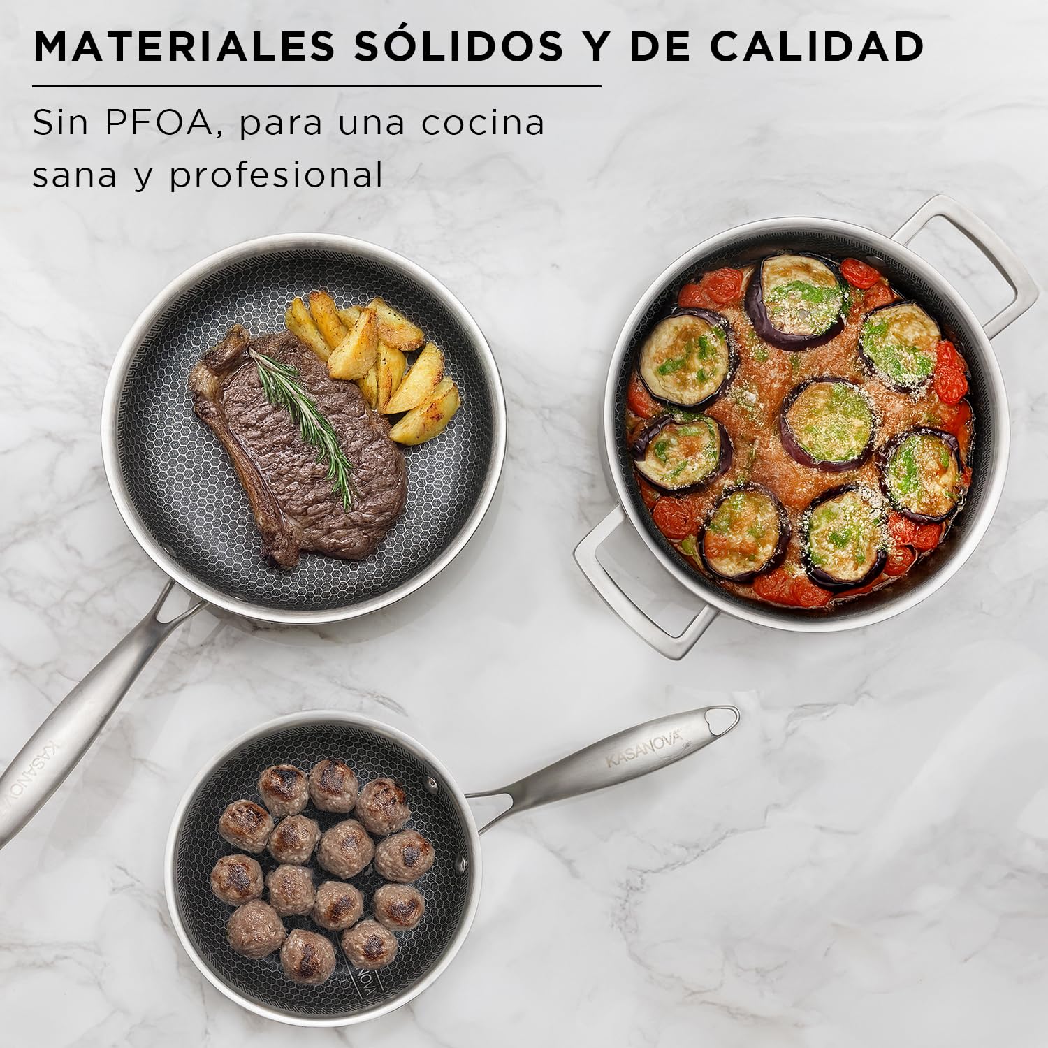 KASANOVA Tri-Ply Batería de Ollas y Sartenes de Acero Inoxidable de Triple Capa – Núcleo de Aluminio, Superficie Antiadherente en Panal, Apta para Inducción y Todo Tipo de Cocinas (9)