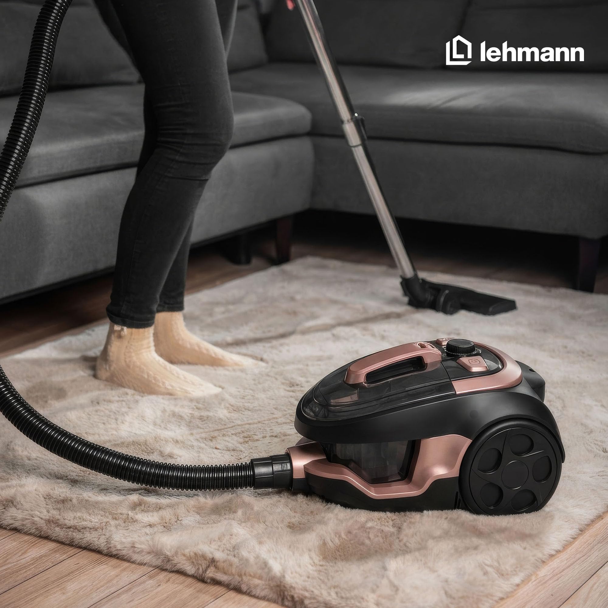 LEHMANN Aspirapolvere a Traino senza Sacco, Potente Tecnologia Ciclonica, Filtro HEPA Doppio, Capacità Serbatoio 2,5 L, Raggio d’azione 9 m, Set 5 Accessori con Spazzola Turbo per Peli Animali