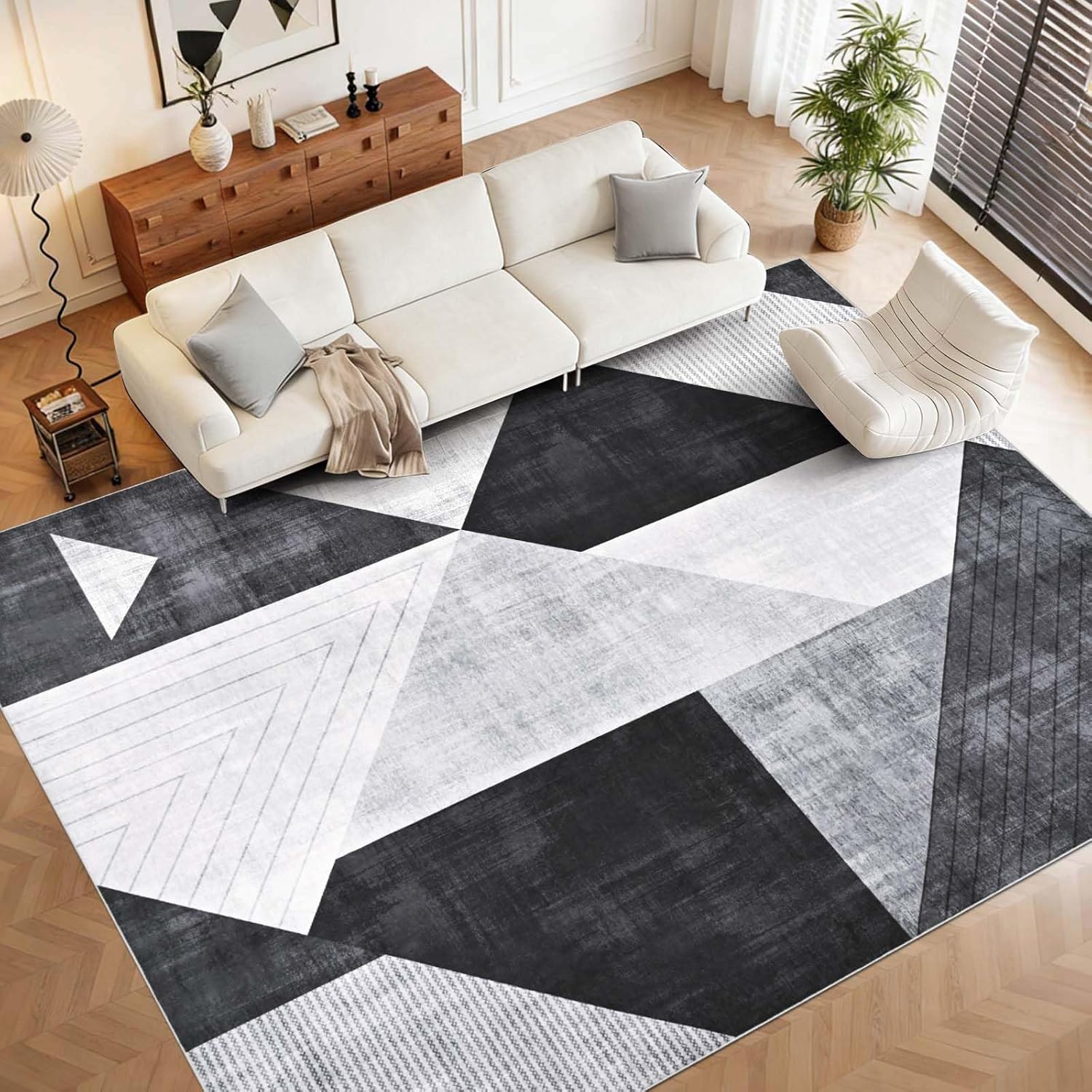 Yinhua Geometric 8x10 Area Rugs for Living Room Modern Washable Rugs for Bedroom, Large Soft Area Rug Low Pile Non Slip Carpet Rug for Home Office, Dining Room, Grey Black