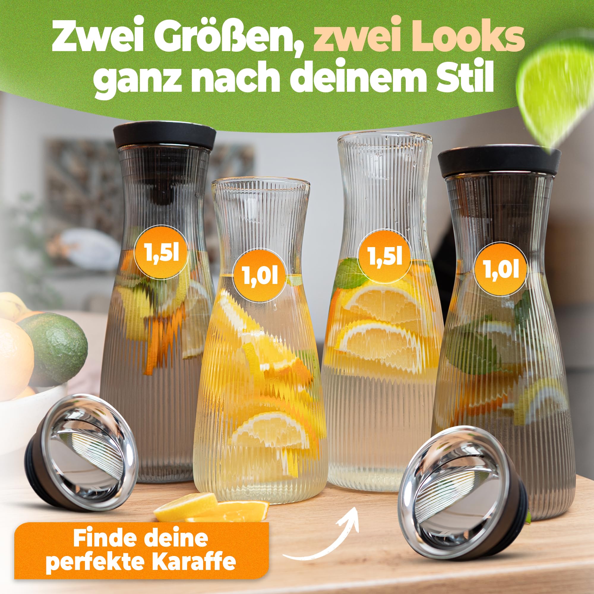 CLIDOR Wasserkaraffe mit Deckel - 1,5 L, edles Klarglas Design, Tropffreie Glaskaraffe mit Deckel, Eleganter Wasserkrug mit feiner Filterung, Ideal für Fruchtwasser, Säfte, Infused Water (1500ml)