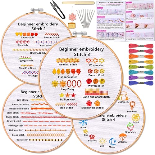 Cludoo Juego de 4 kits de práctica de bordado para principiantes, kit de iniciación de bordado para amantes de las manualidades con 30 puntadas