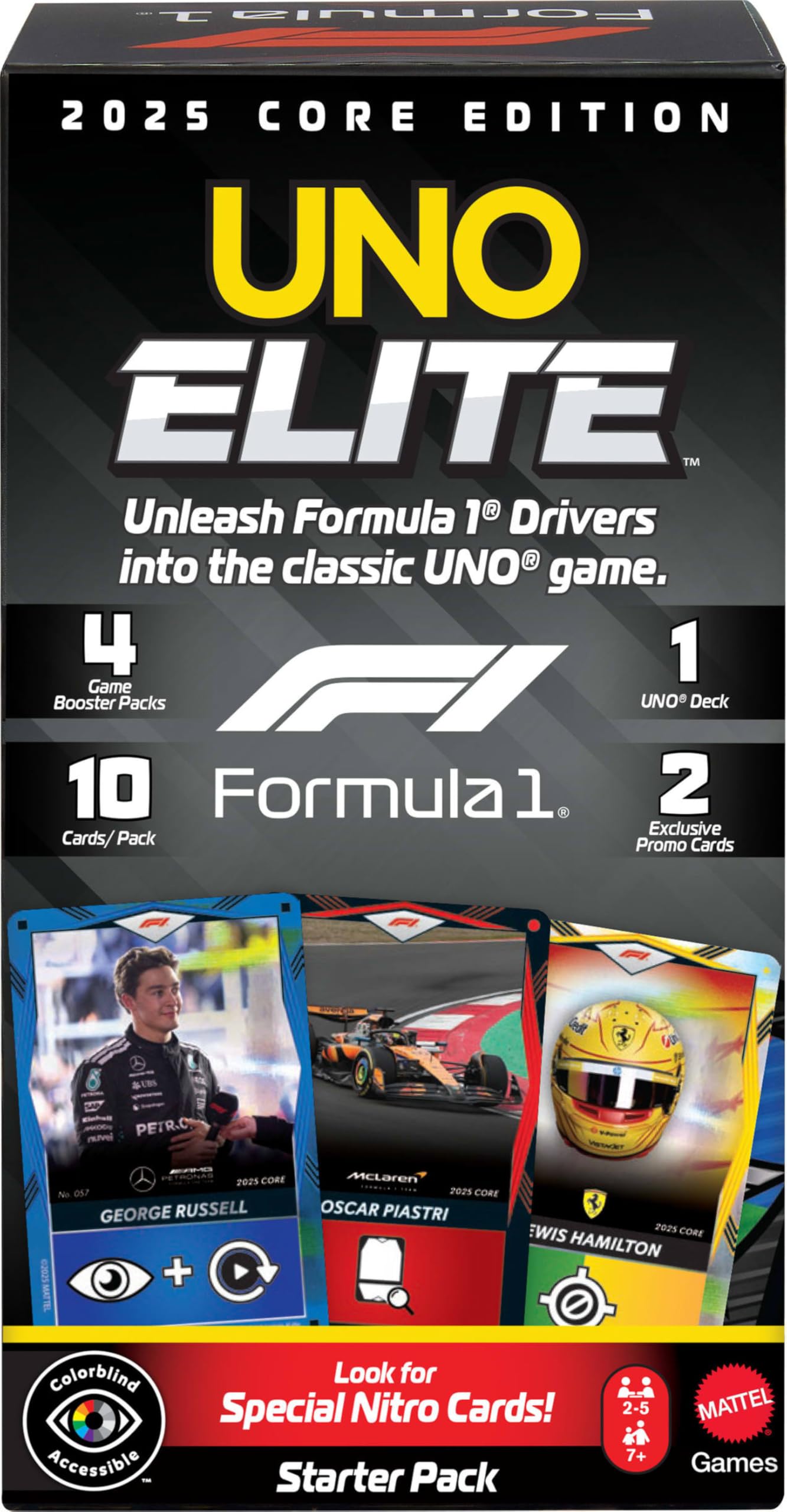 Mattel UNO Elite Formuła 1 2025 Edycja podstawowa Starter Pack Zestaw startowy; gra karciana, 4 Booster Packi i 2 karty Promo, towarzyska i rodzinna gra dla fanów i dzieci 7+, JLV42
