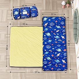 Primlect Thickened Toddler Nap Mat with Removable Pillow and Minky Blanket, Extra Large 55\'\'x35\'\' Sleeping Bag, Washable, Roll up, Perfect for Daycare, Preschool, Kindergarten, Boys and Girls (Space)