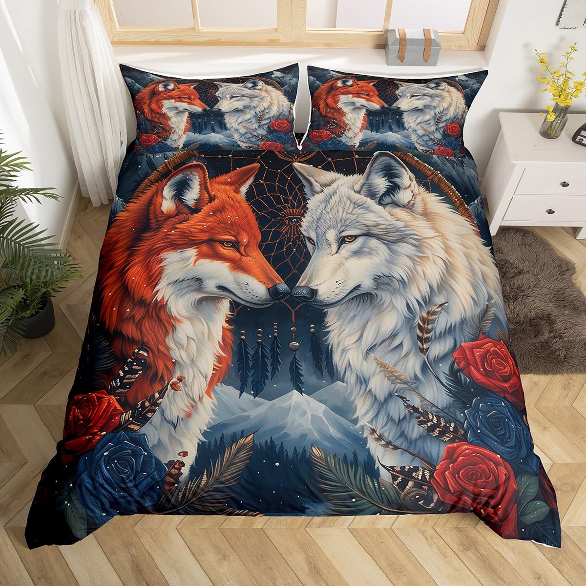 Housse de couette couple de loups et rose rouge pour un lit romantique