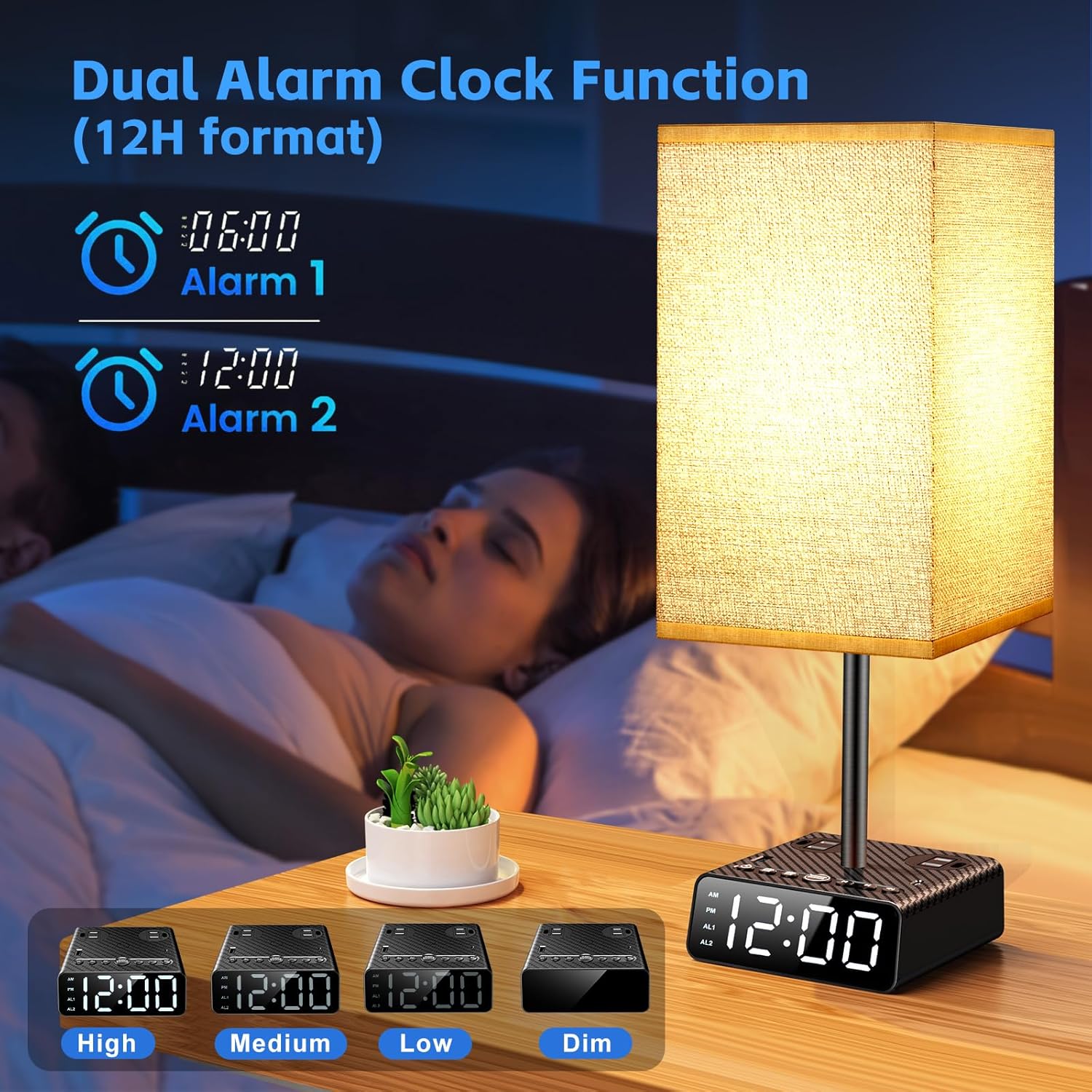 BTU Bedside Table lamp with Alarm Clock - 3 Color Temperatures Bedside Lamps with USB C and A Ports,Table Lamps with AC Outlet, Nightstand Lamps for Kids Room, Living Room, College Dorm, Home, Office