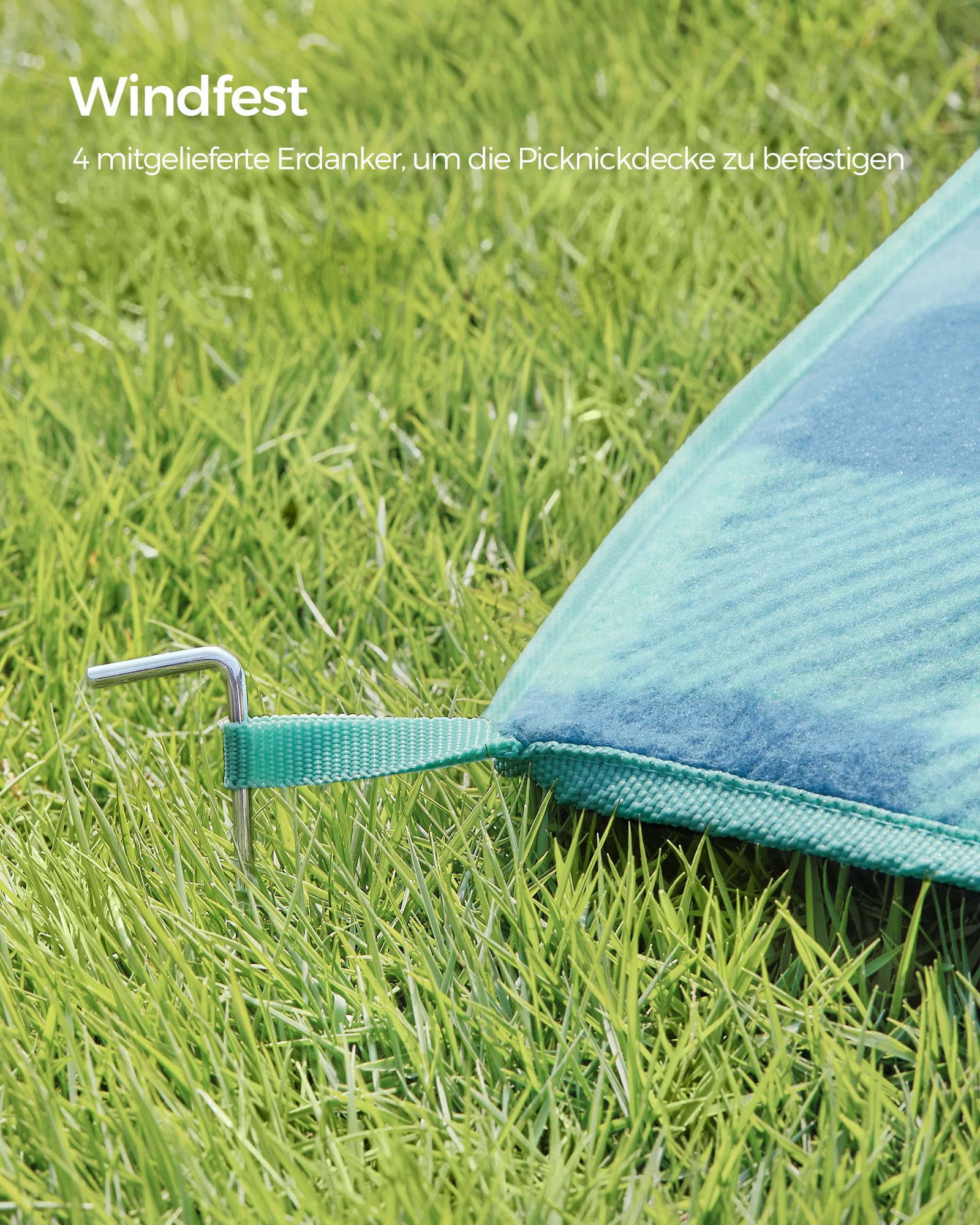 SONGMICS Picknickdecke, 200 x 200 cm, mit 4 Erdankern, groß, Campingdecke, für Park, Garten, Strand, wasserdicht, faltbar, grün-blau GCM011Q02