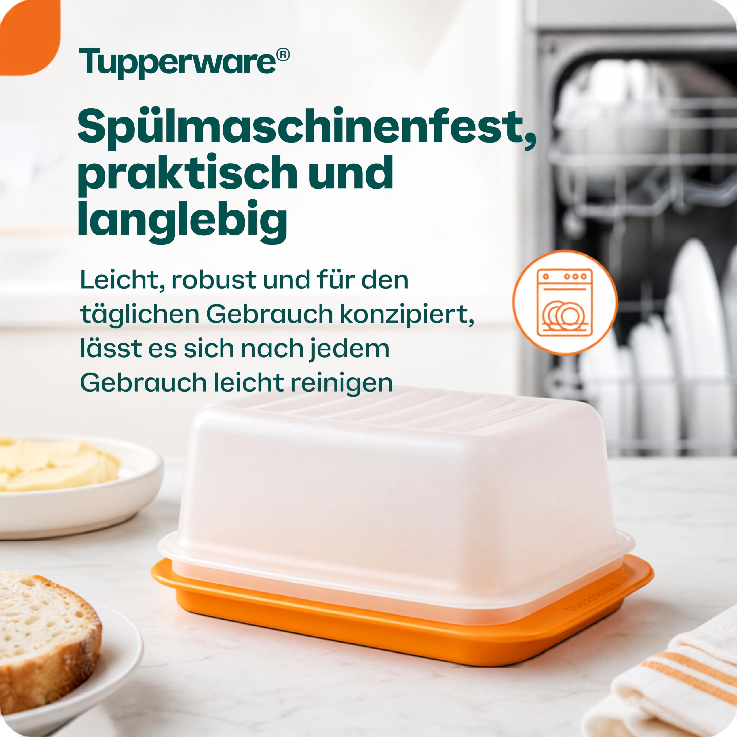 Tupperware Butterdose in Orange/Weiß - Butterbox mit Deckel für 250 g Butter - Kunststoff, beidseitig nutzbare Platte, spülmaschinengeeignet - 16,5 x 11 x 7 cm