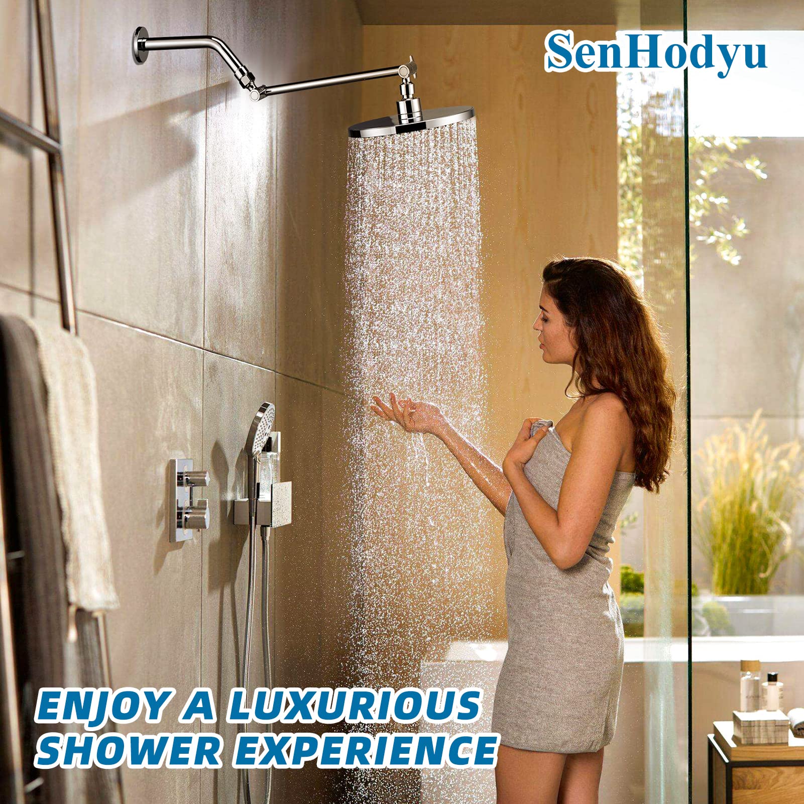 SenHodyu Adjustable Shower Head Extension Arm - 16 Inch Solid Brass, Polished Chrome, Universal Fit - View #10