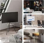 Metal Tripod TV Stand for 43-65" TVs, Swivel, Black | Height-adjustable easel TV stand, 45° swivel, 22 lb wood shelf, cable clips and VESA up to 400x400