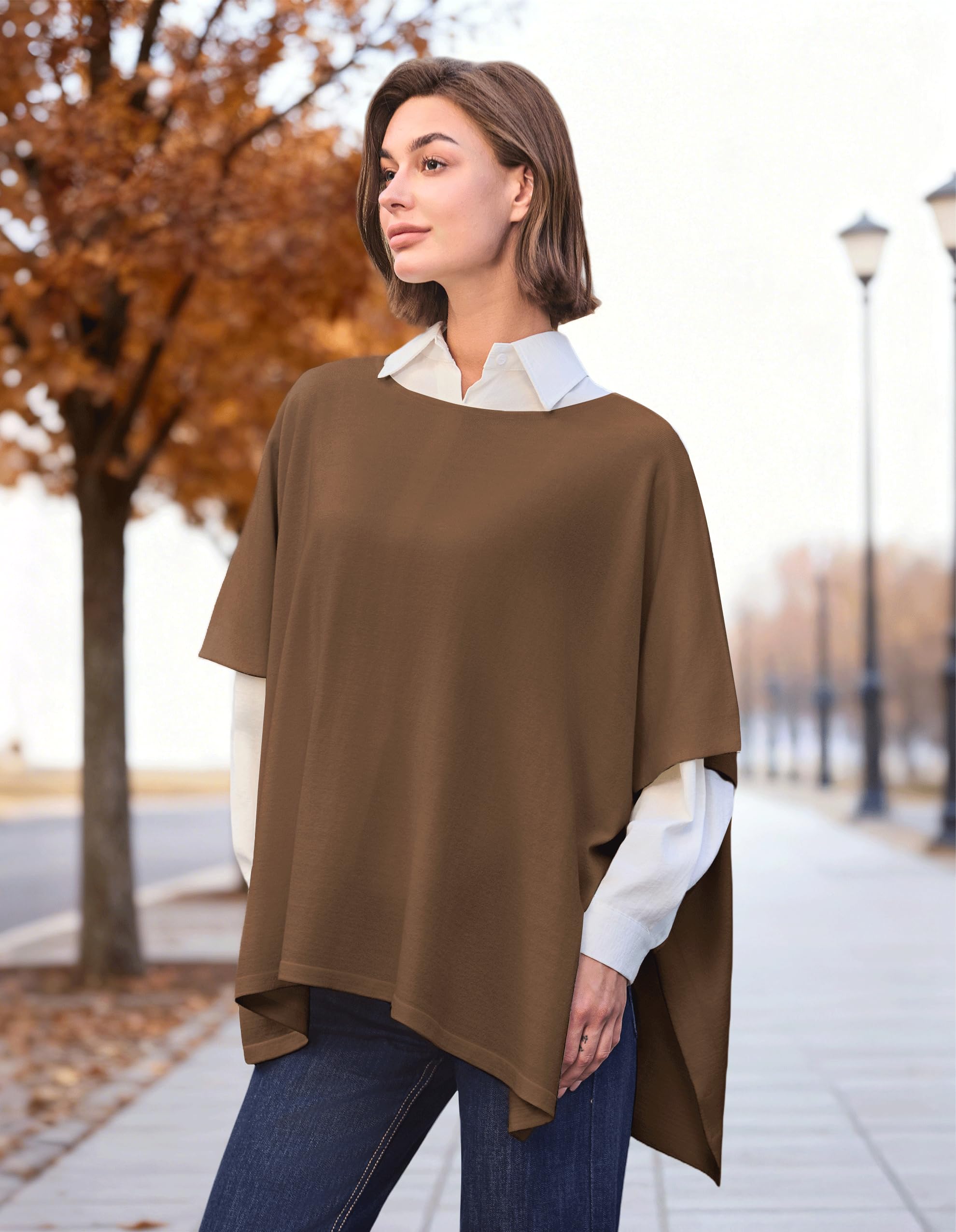 Pullover poncho da donna in cashmere, scialle, vestibilità larga, per autunno inverno, Caramello, taglia unica
