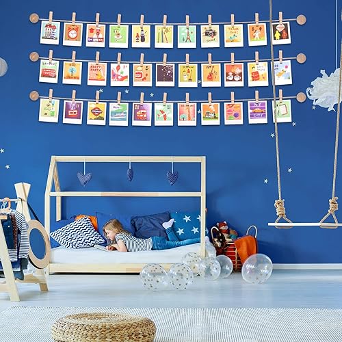 Miniatura 6 de Mudder Exhibición de fotos colgante con 50 clips, cadena de fotos con clips, decoración de pared de madera bohemia, guirnalda de madera para colgar