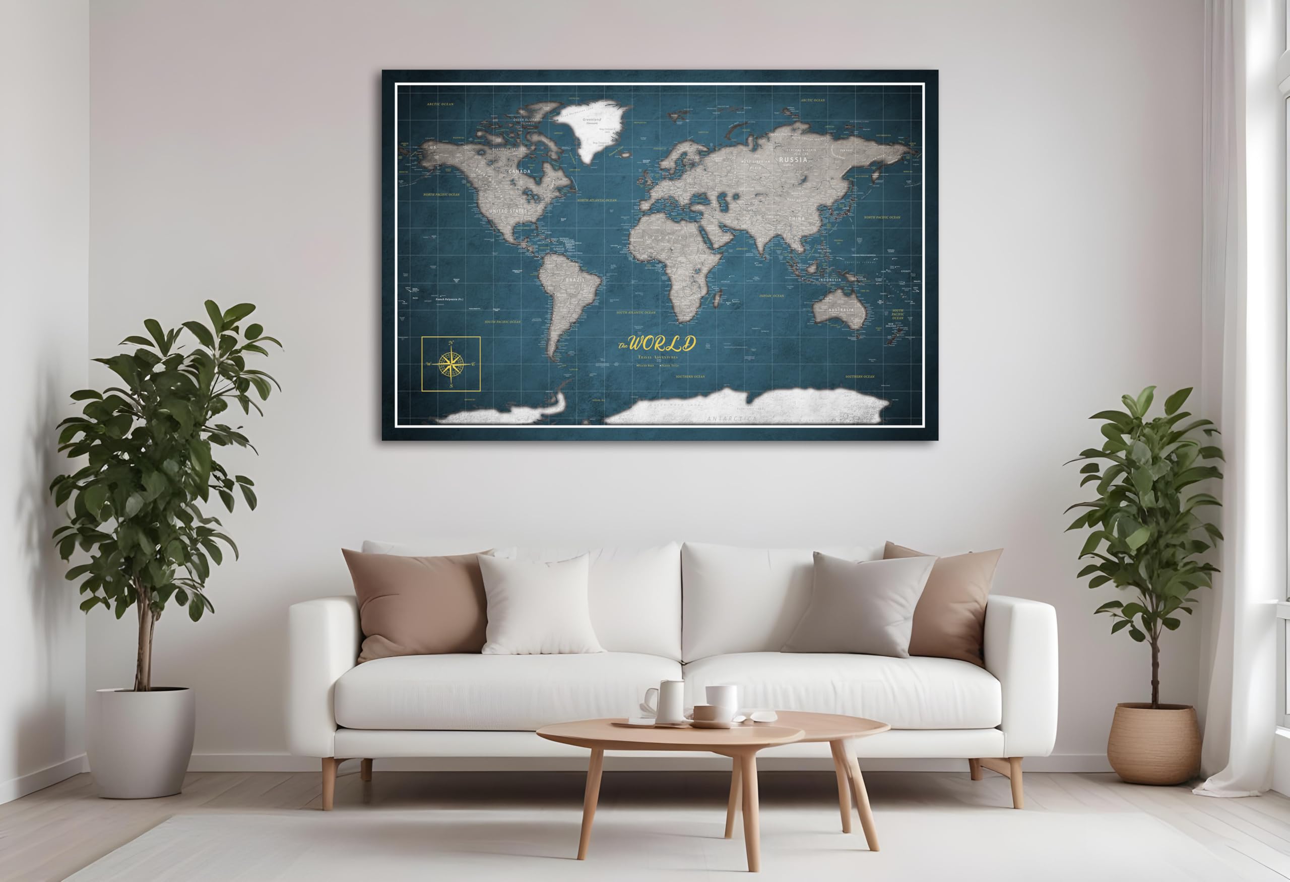 framed concept Spersonalizowana mapa świata z pinezkami 90 x 60 cm – tablica korkowa dla podróżujących, ręcznie wykonana dekoracja ścienna z 50 złotymi pinami – wyjątkowy pomysł na prezent
