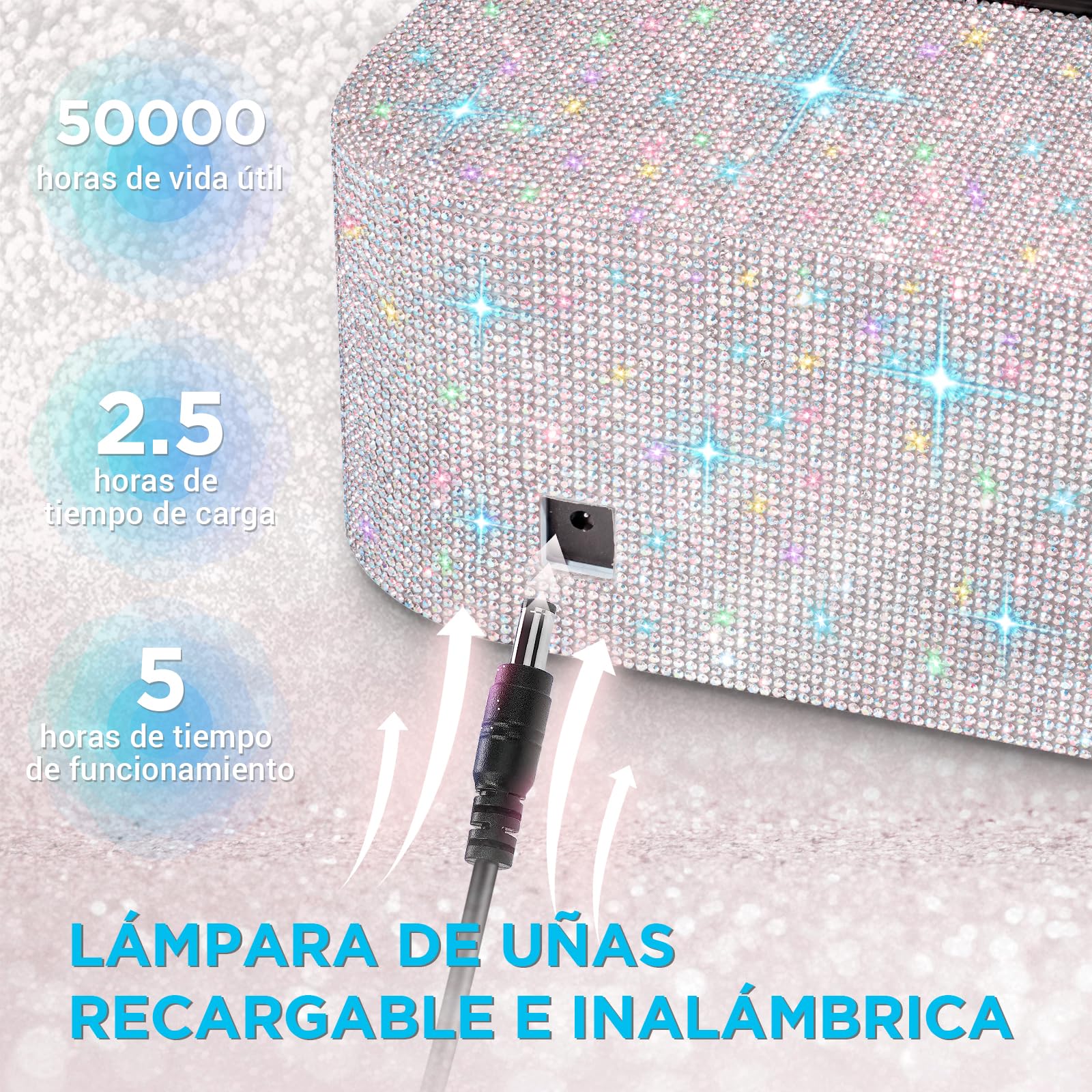 Lámpara UV recargable e inalámbrica para uñas de gel, lámpara LED para uñas con 4 modos de temporizador y decorada con brillantes diamantes de imitación para uñas, 1pcs