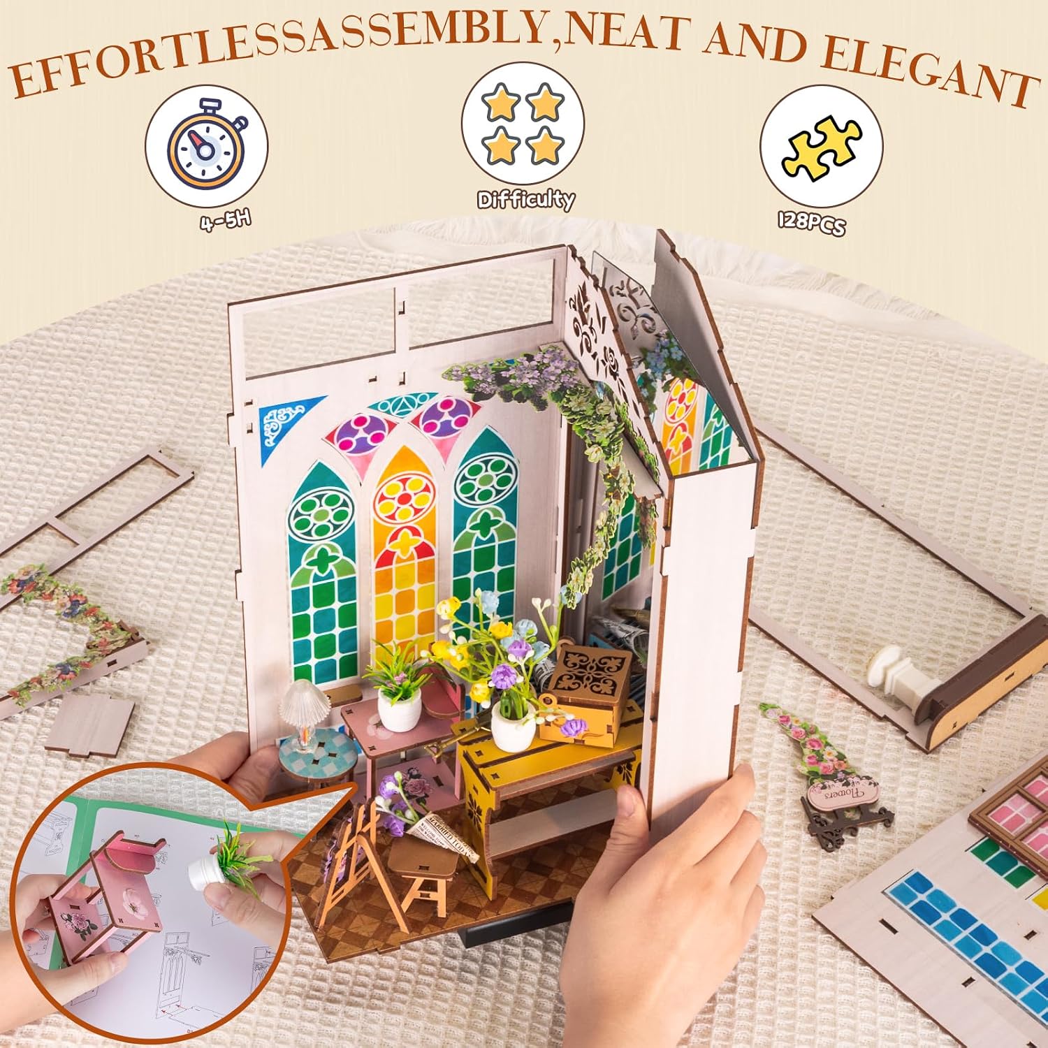 Book Nook Kits for Adults, Miniature House Dollhouse Kit for Teens, DIY Crafts for Adults, Bookshelf Decor Garden House with LED Light, Gifts for Family and Friends