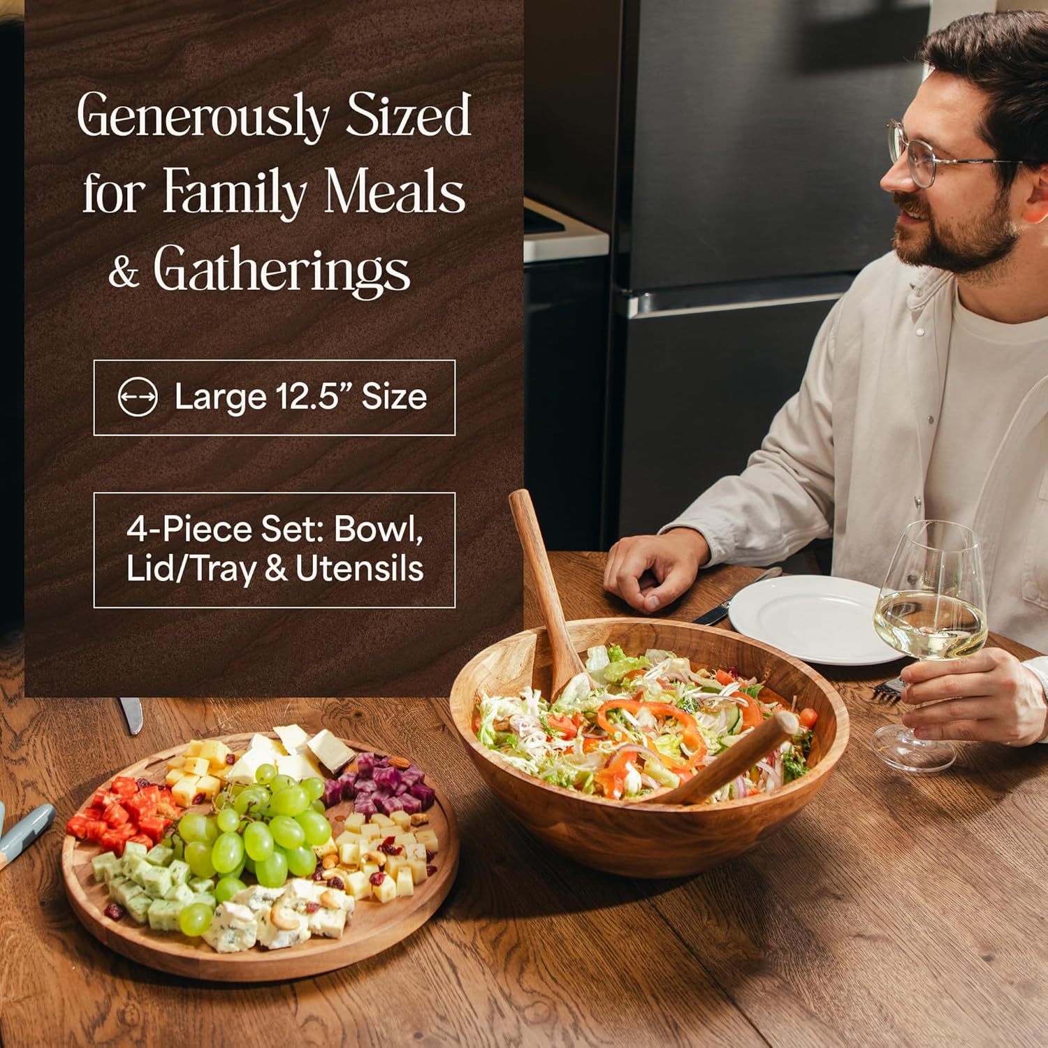 Public House Large Wooden Salad Bowl Set 12.5 Inch with Serving Utensils, Tray Lid and Carry Strap. Acacia Wood Large Salad Bowls Ideal for Fruits and Dishes, Wooden Bowls for Food, Serving Bowl - Image 3