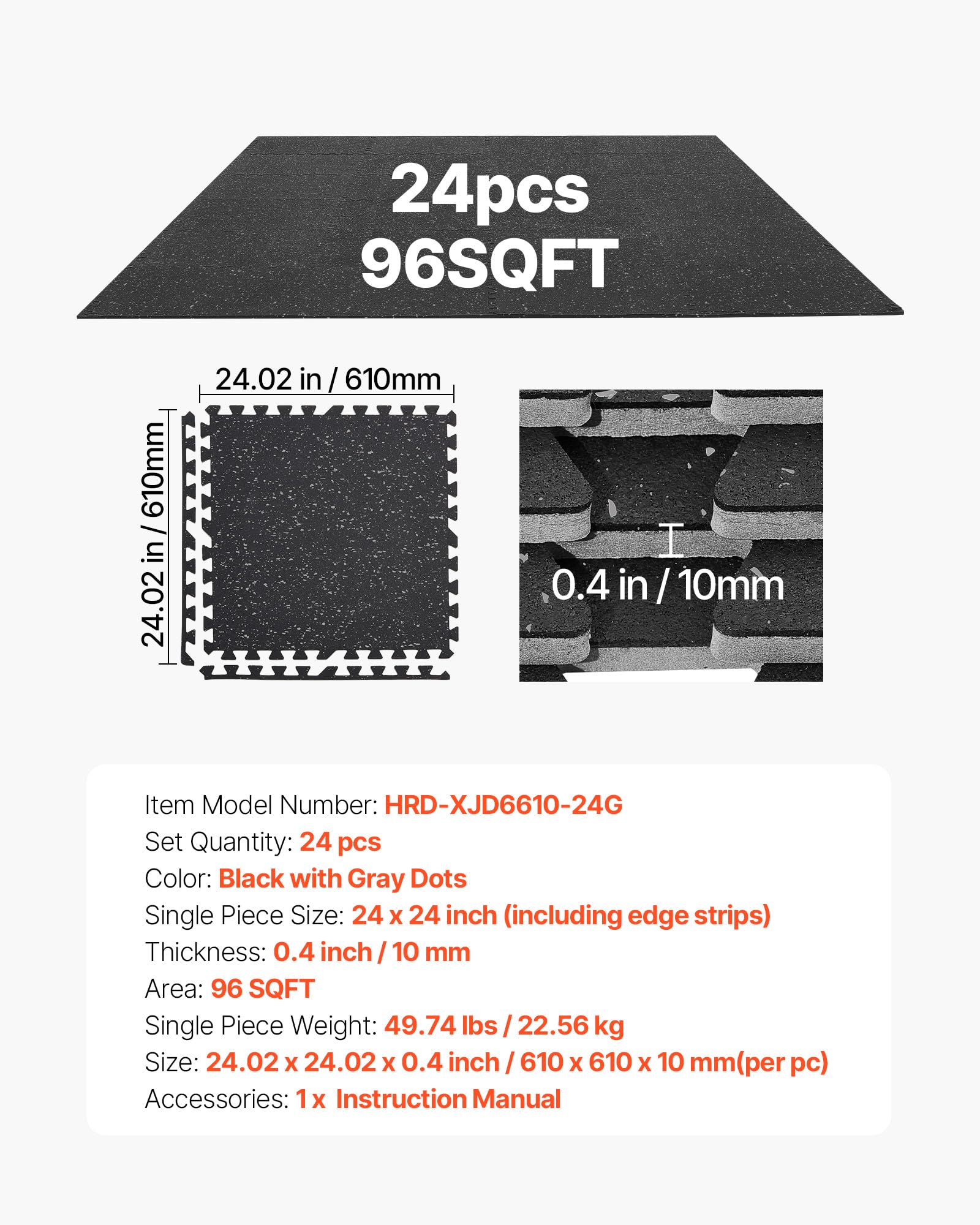 VEVOR Esterilla Puzzle 24 Piezas de 610 x 610 x 10 mm, Suelo Gimnasio de Goma EVA Alta Densidad, Colchoneta de Ejercicios con Puntos Grises Antigolpe Antiruido Antideslizante para Equipos Pesados Casa